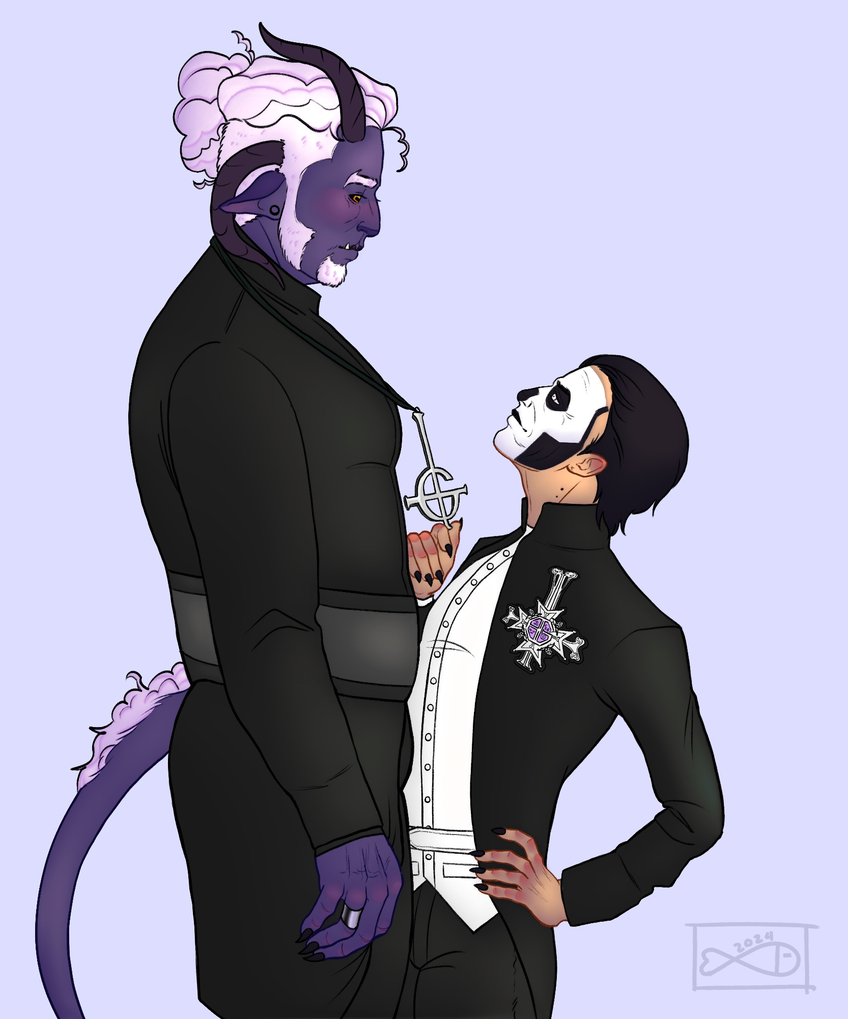 digital drawing of Omega ghoul and Papa Emeritus 3. They are standing right next to each other, and Terzo's height reaches Omega's shoulder. Terzo holds at Omega's grucifix necklace, smiling up at him knowingly.