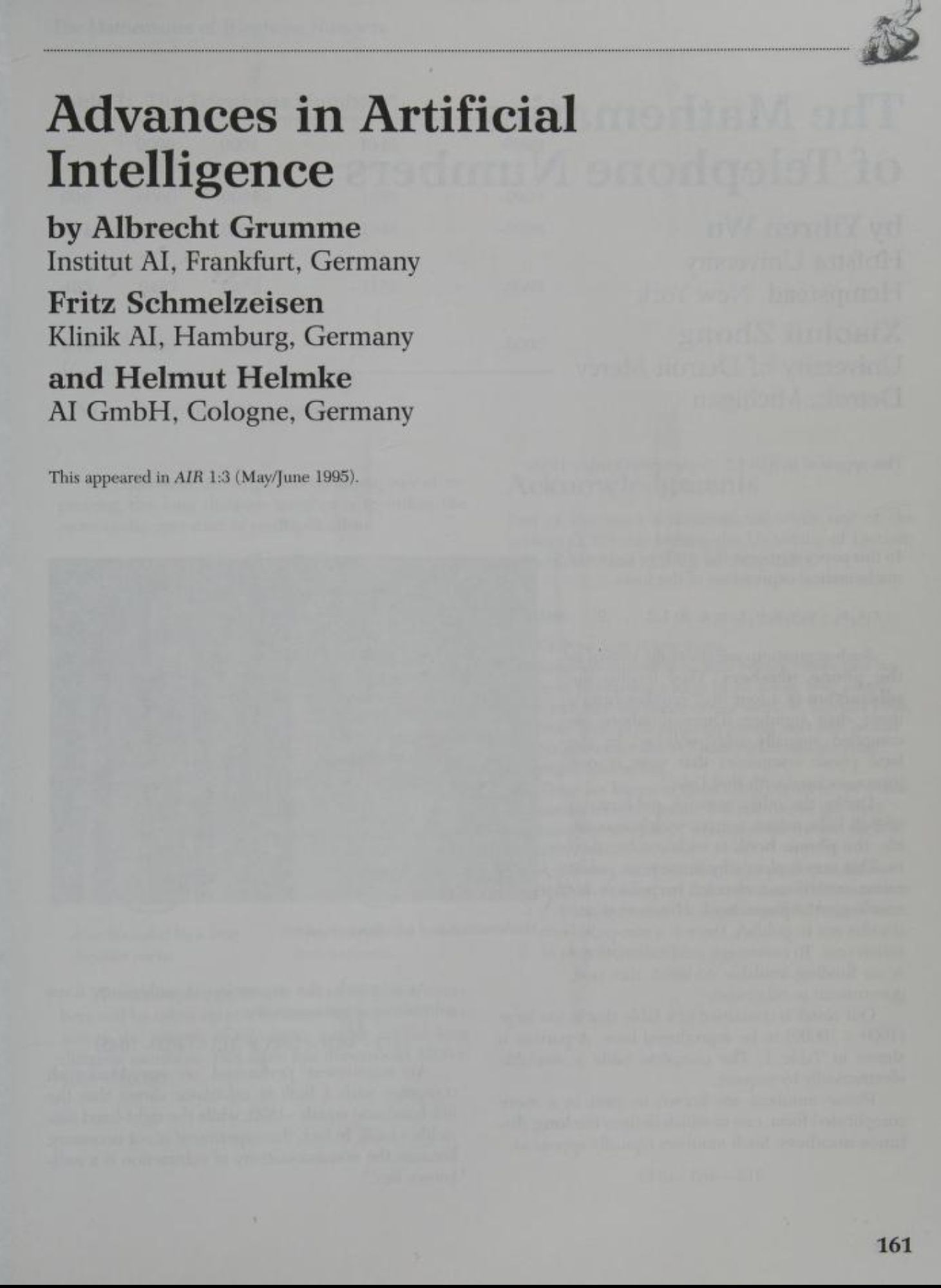 One-page journal article: Albrecht Grumme, Fritz Schmelzeisen, Helmut Helmke, Advances in Artificial Intelligence, Annals of Improbable Research 1:3 (May/June 1995). Article is a blank page.