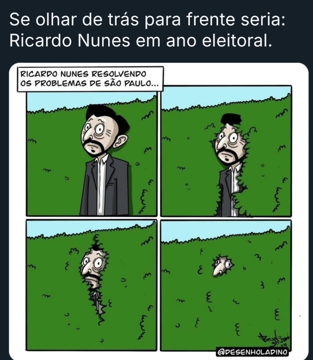 Quadrinho satirizando o meme do Homer Simpson, em que ele vai, quadro a quadro, se escondendo dentro de uma cerca viva. Só que, em vez do Homer, é o Ricardo Nunes. A legenda diz: Ricardo Nunes resolvendo os problemas de São Paulo...