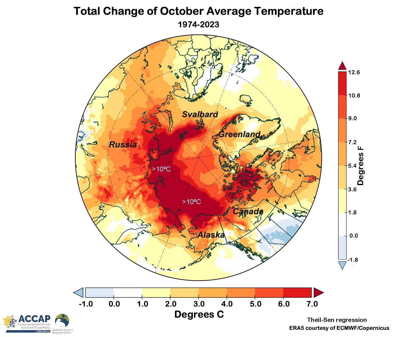 Map centered on the North Pole showing the change in October average temperature (°C) between 1974 and 2023. 