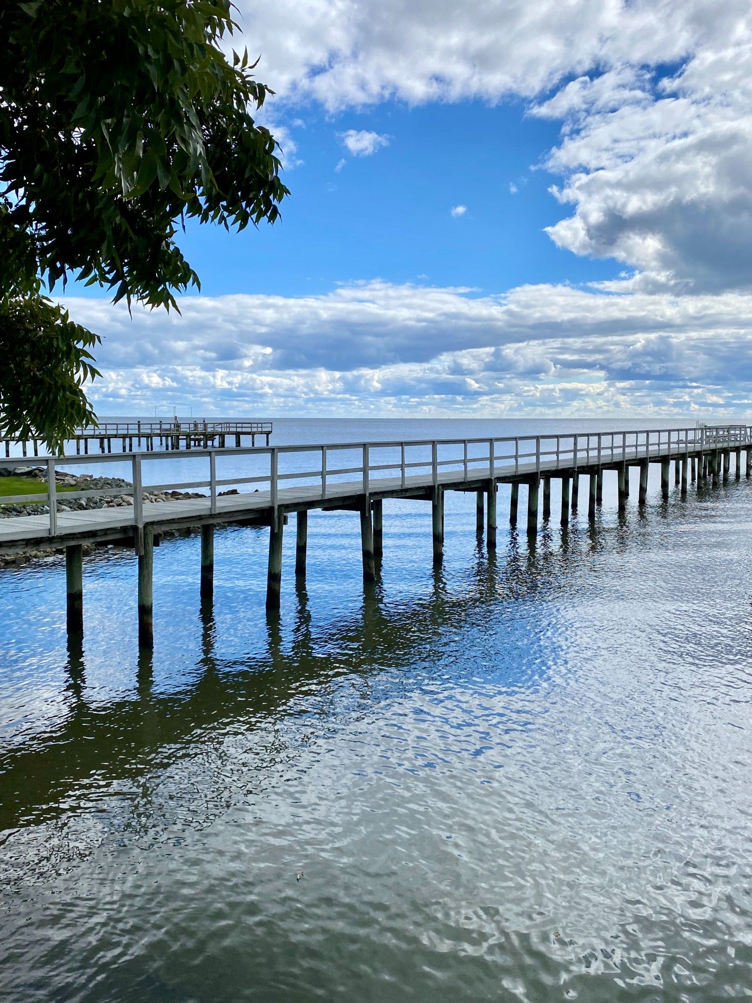 A long pier goes out over shimmery water that captures reflections from a blue sky and puffy clouds on the western shore of the Chesapeake Bay in Deale, MD.