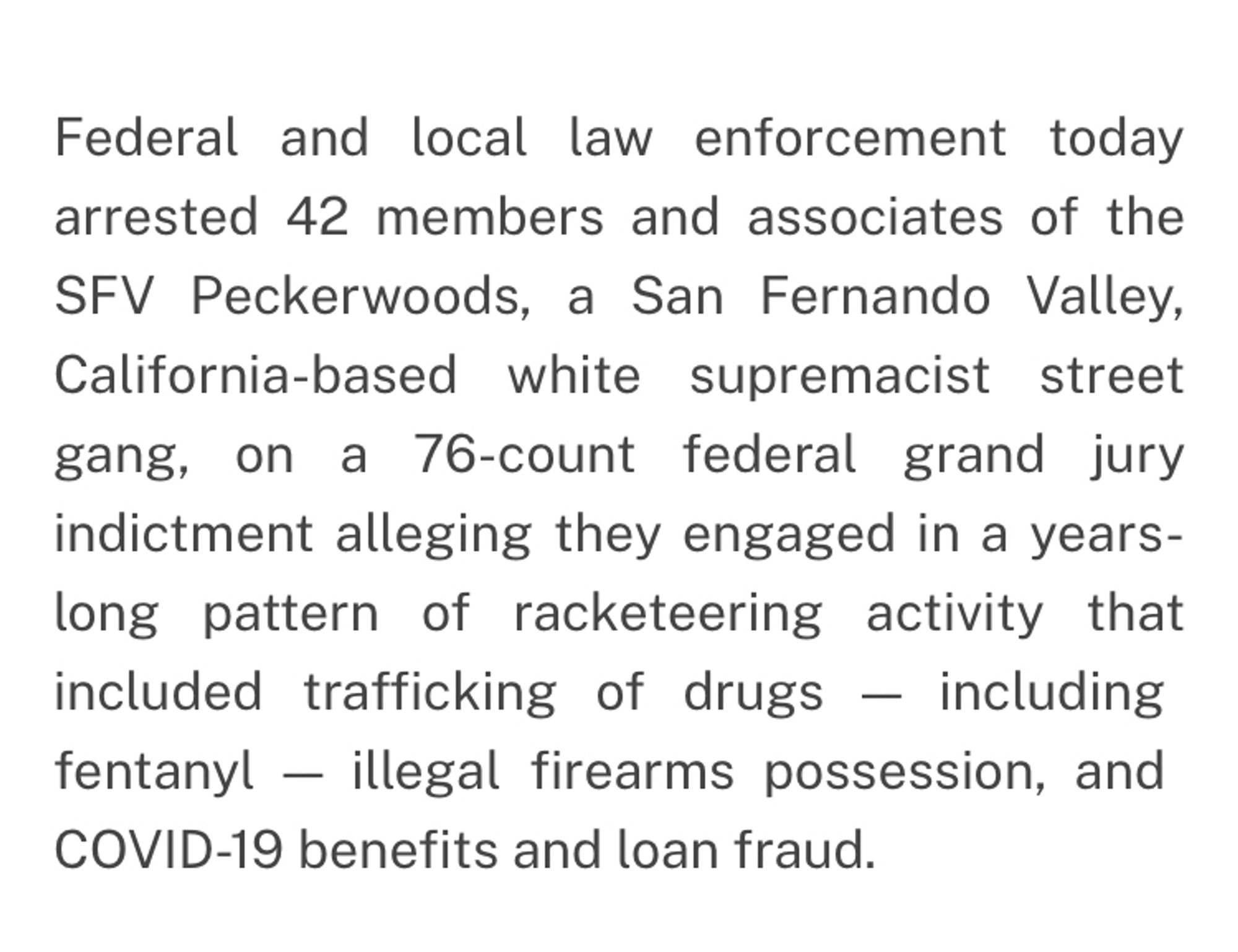 DOJ press release detailing the arrest of 42 members of the San Fernando Valley Peckerwoods