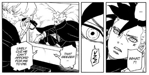 Panels from Boruto TBV, chapter 15, pages 36-37.

Kawaki's face, Kawaki: What?

Panel zooms in on Kawaki's eye. Kawaki's eye: VZZ

Amado, sitting in his lab, watching Boruto on a screen through Kawaki's eye. Kawaki's voice: That geezer... Likely cuz he can't afford for me to die.