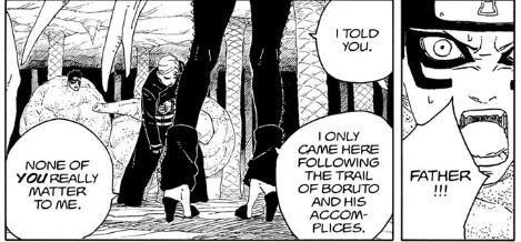 Panels from Boruto TBV Chapter 15, pages 2-3

Shinki, encased in Gaara's sand: FATHER!!!

Gaara, holding a wound while facing Matsuri, Matsuri: : I told you. I only came here following the trail of Boruto and his accomplices. None of YOU really matter to me.