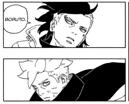 Panels from the Boruto TBV manga, chapter 15, page 39.

Kawaki''s face and shoulders in the top panel as he says Boruto's name.

Boruto below him, looking at him with his one remaining eye.