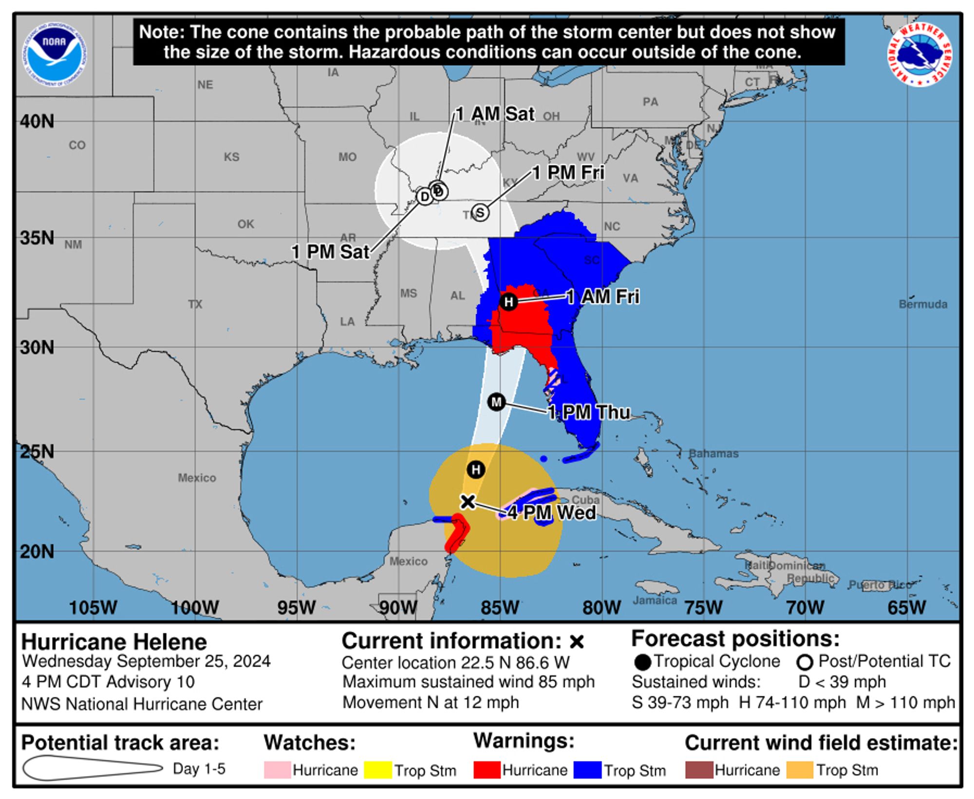 Experimental cone graphic from the National Hurricane Center for Hurricane Helene showing the total extent of Hurricane Warnings and Tropical Storm Warnings