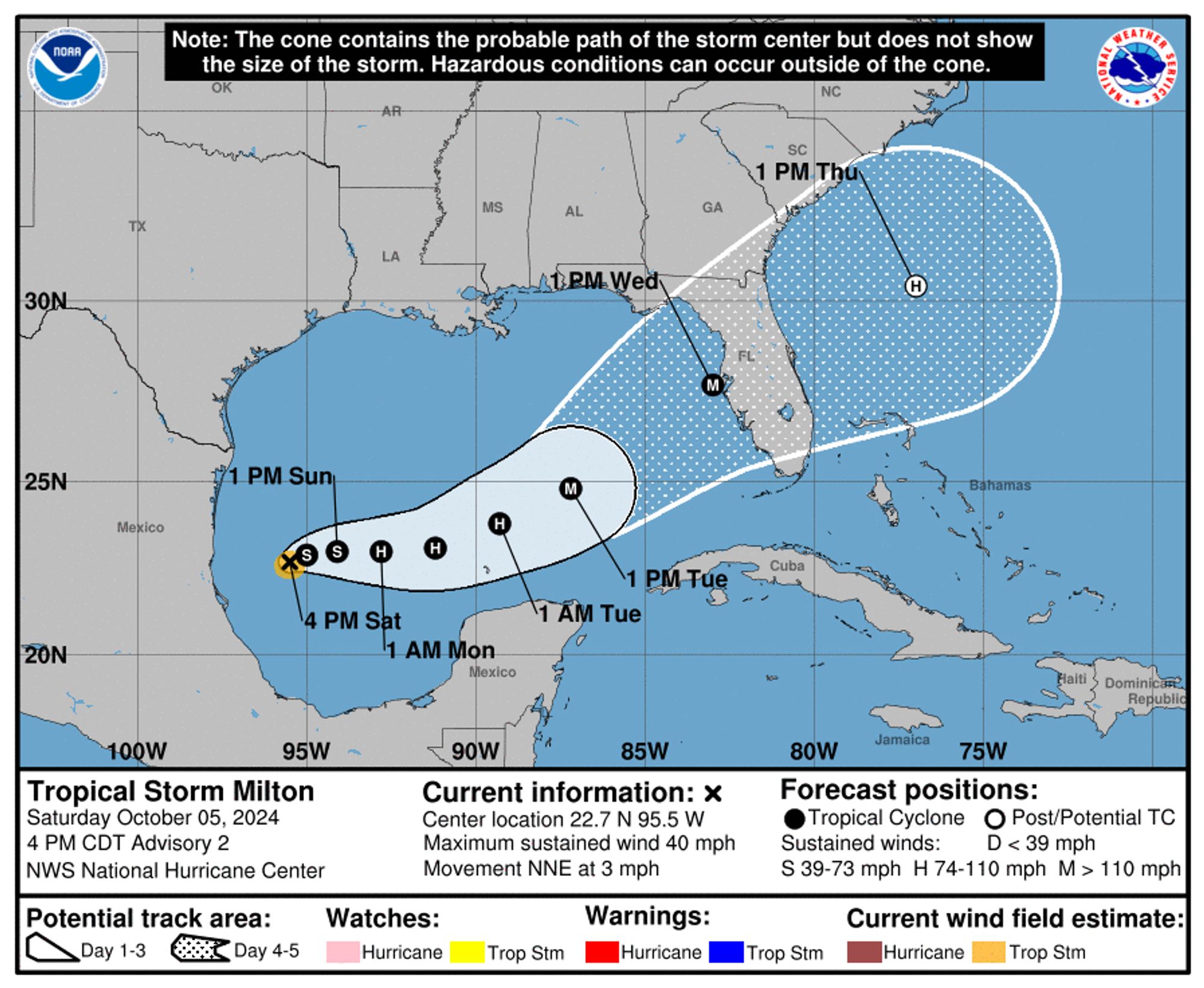 Forecast graphic for Tropical Storm Milton from the National Hurricane Center as of 5 PM EDT Saturday, October 5, showing the storm likely to intensify and move in the direction of Florida in the next few days.