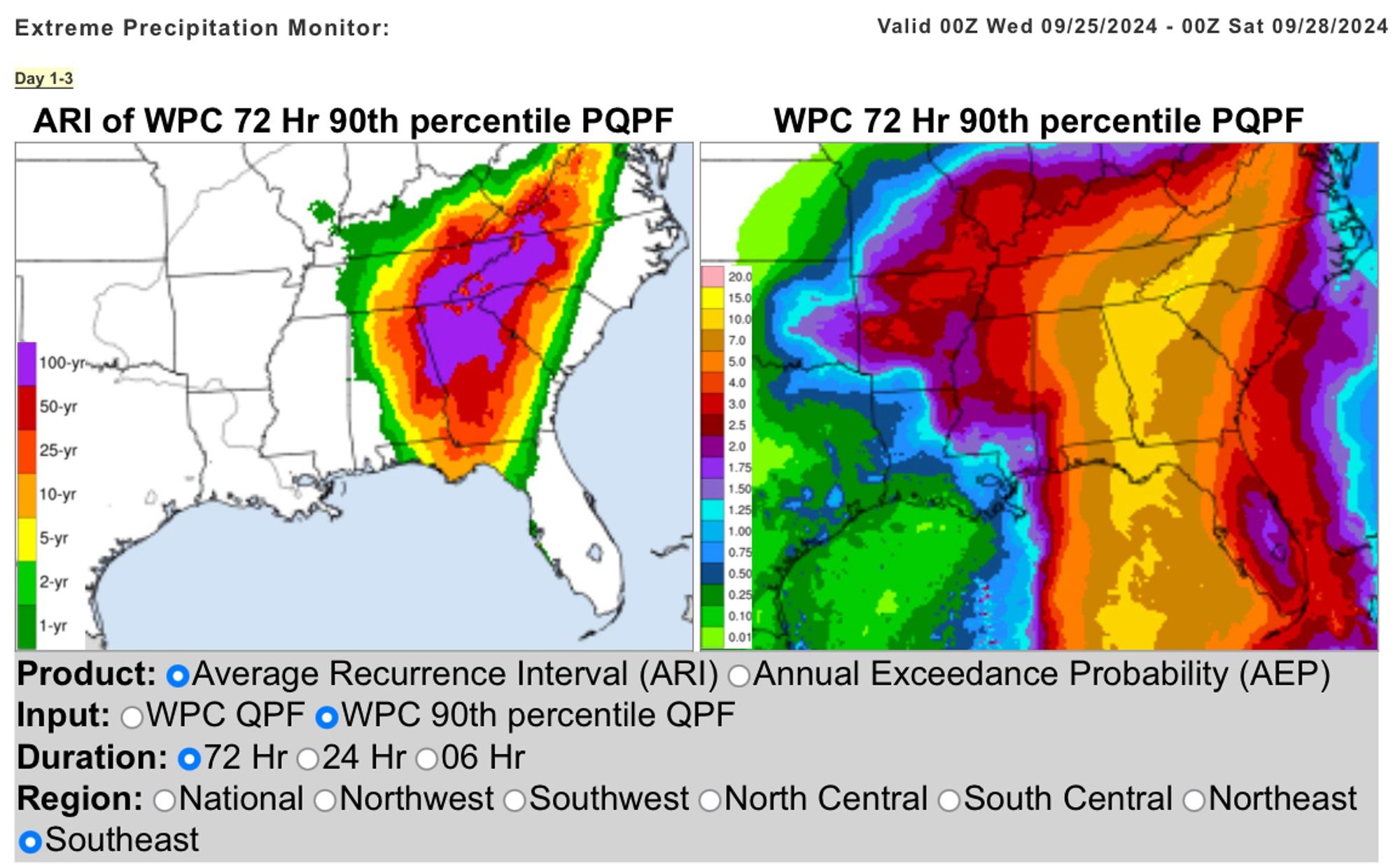 Extreme Precipitation Monitor from the Weather Prediction Center comparing the 90th percentile QPF (rainfall; right panel) with average annual recurrence intervals (ARI). This yields the map on the left showing the conversion to ARIs for 72-hour rainfall.