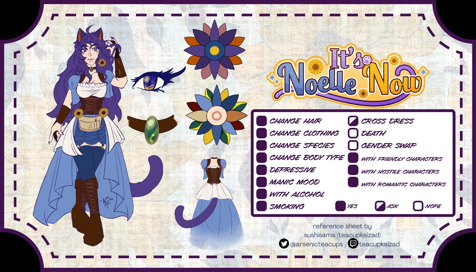 The reference sheet for Noelle Delphine Mystique.  A purple haired catgirl in a leather corset and boots, with white peasant blouse and blue skirt. Art by TeacupKaizad, both on bluesky and Twitch.

Options for art are as follows: Change Hair: allowed; Change Clothing: allowed; Change Species: allowed; Change Body Type: allowed; Depressive: allowed; Manic Mood: allowed; With Alcohol: allowed; Smoking: allowed; Cross Dress: ask first; Death: nope; Gender Swap: nope; With Friendly Characters: allowed; With Hostile Characters: allowed; With Romantic Characters: allowed.