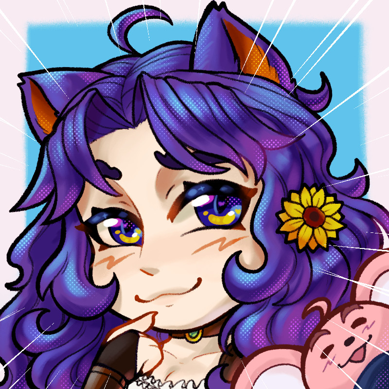 Artwork of Noelle Delphine Mystique.  A close up of a purple haired catgirl, grinning a catlike grin, a finger on her chin and a sunflower in her hair.  In the corner is her employee Cass, a pink haired mouse wearing a purple bandana around his neck.  Artwork by CamilleTheWizard.