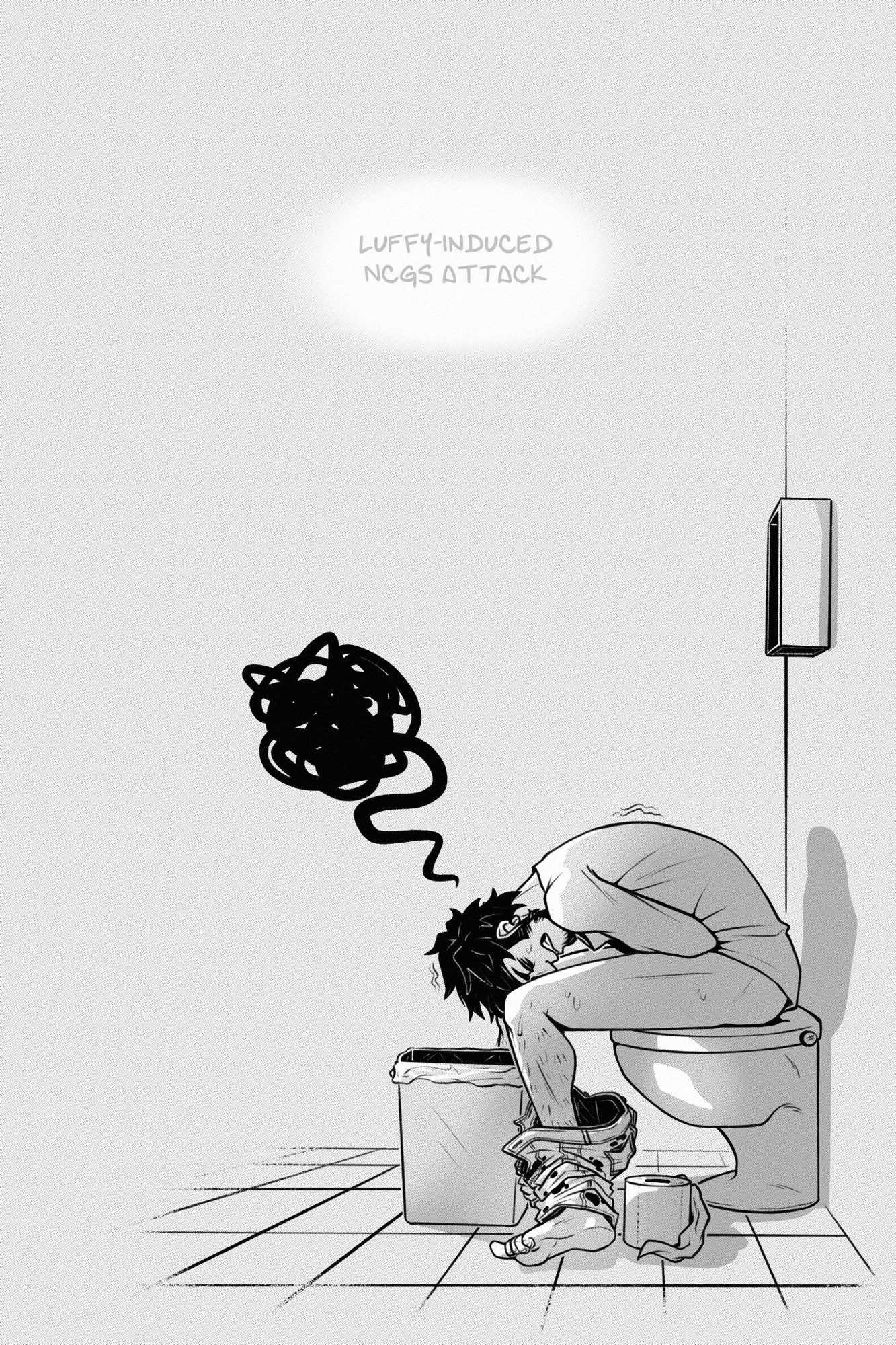 page 15.

law sits hunched in agony on the toilet. he is bent in two, with his arms clutching his stomach and his forehead pressed to his knees. he has a trashcan between his legs and beneath his head and a roll of toilet paper beside him. he's shaking.

a small caption notes that he is riding out a luffy-induced ncgs (non-celiac gluten sensitivity) attack from the four sandwiches luffy devoured shortly before swapping back.