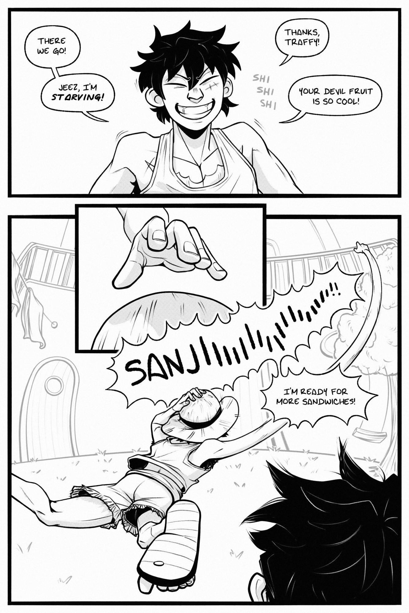 page 14.

panel 1: luffy, back in his own body too, beams widely, his shoulders shaking with his shi shi shi laugh. he says, "there we go! jeez, i'm STARVING! thanks, traffy! your devil fruit is so cool!"

panel 2: luffy reaches out for his hat back.

panel 3: luffy pushes it onto his head with one hand, while the other stretches up and away to grab the banister for the upper deck. he is already flat and airborne as he calls, "SANJI! i'm ready for more sandwiches!" the back of law's head is visible in the foreground.