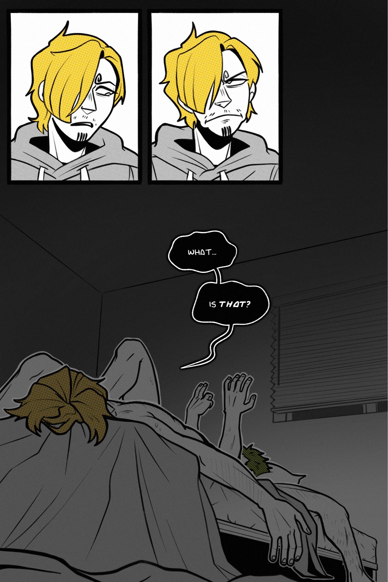 page 2.

panel 1: sanji looks down at the floor, unsettled by the question. 

panel 2: then he looks up at the sky in exasperated frustration.

panel 3: sanji has a flashback, recalling the end of his rut when he and zoro lay exhausted on the bed, heads at opposite ends. zoro raises his hands in the air, showing seven full fingers and part of a knuckle. sanji asks, “what… is THAT?”