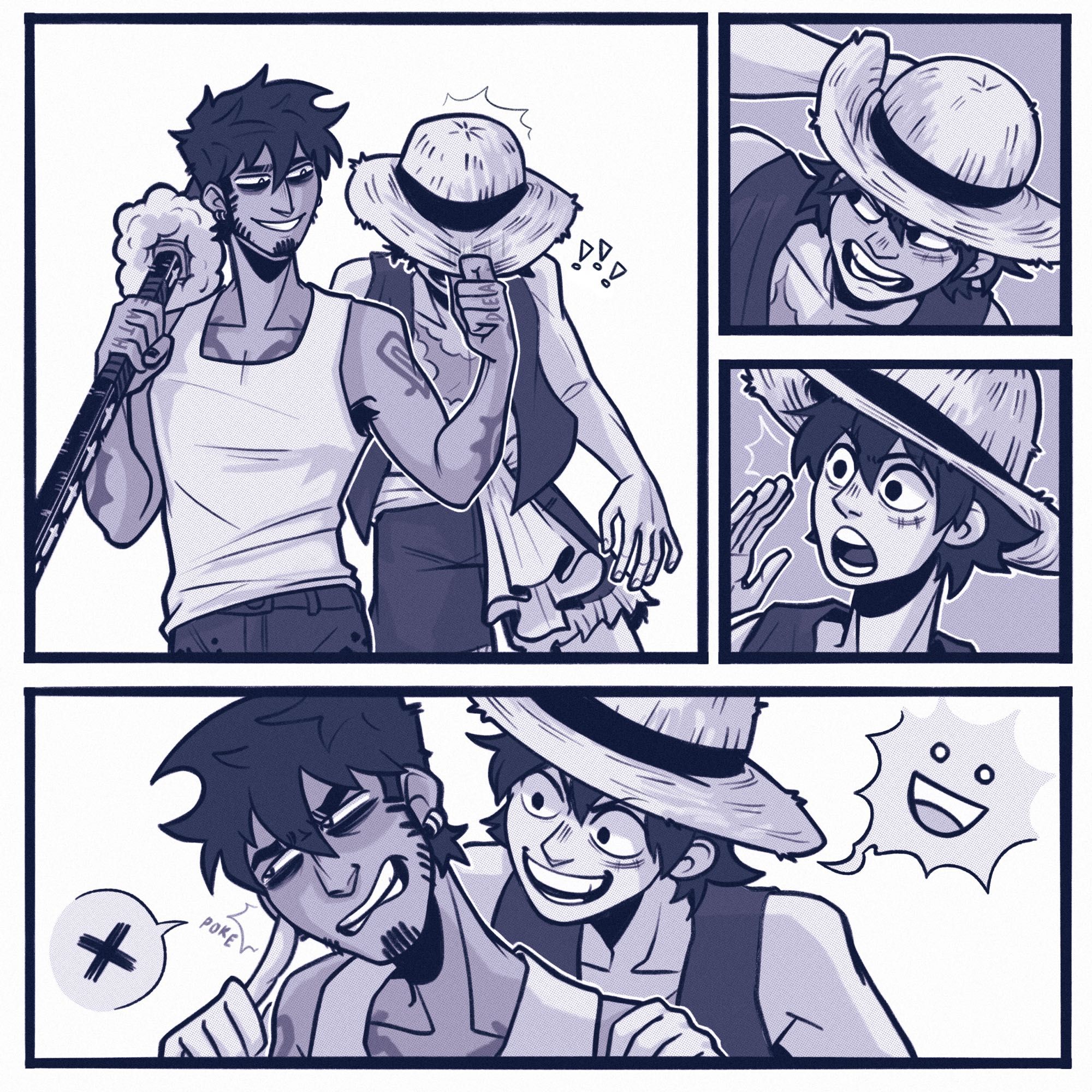 one piece fancomic of post-timeskip luffy and law

panel 1: law yanks down on the brim of luffy’s hat, covering his face. luffy seems shocked and a bit peeved by this, while law has a rare smug smile on his face.

panel 2: luffy peers from beneath the brim of his hat, one hand on his head protectively. he’s glaring in law’s direction.

panel 3: luffy freezes, eyes and mouth wide in surprise at the expression he glimpsed on law’s face.

panel 4: luffy clambers onto law’s shoulders. law is glaring again, looking stubbornly away as luffy grins and pokes law’s face, likely demanding to see another smile.