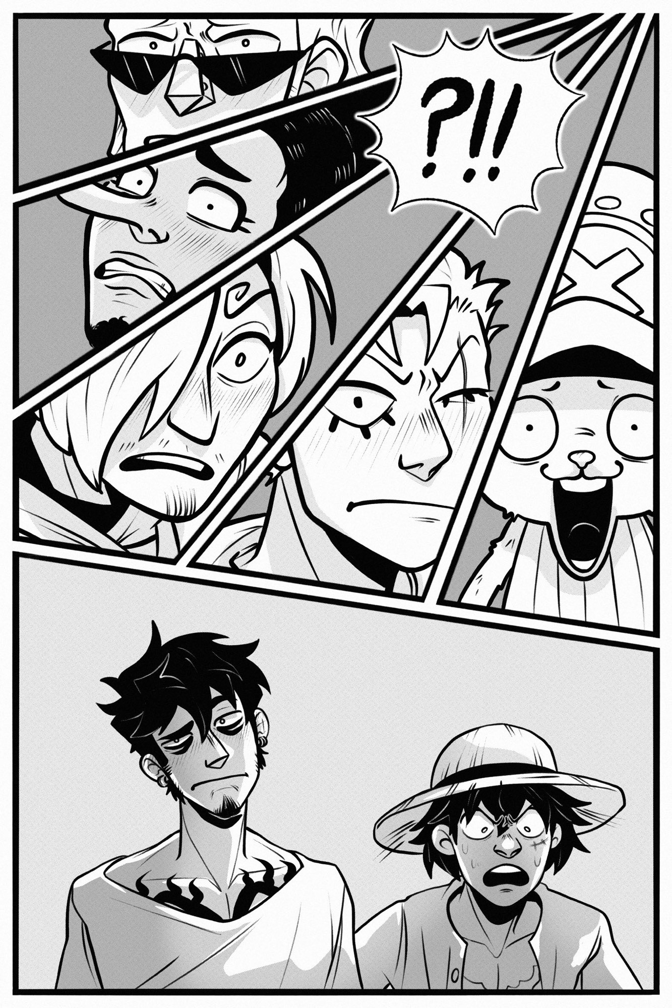 page 7.

panels 1-5: closeups of the straw hats stare in horror at an off-screen sight. franky's glasses slip down his nose. usopp's teeth are gritted. sanji and zoro look stunned speechless. chopper's mouth is hanging open.

panel 6: the aforementioned off-screen sight. law stands, head tilted and mouth flat with luffy-esque confusion, while luffy's brows are pinched and he looks furiously shocked as he looks down at himself. these panels break the grid-like style of the others so far, starting the use of angled, off-kilter ones.