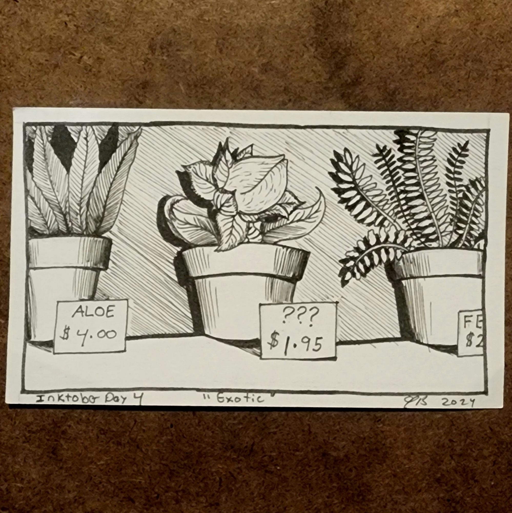 Ink illustration of Audrey II on a shelf with other plants for sale. Audrey II is priced at $1.95