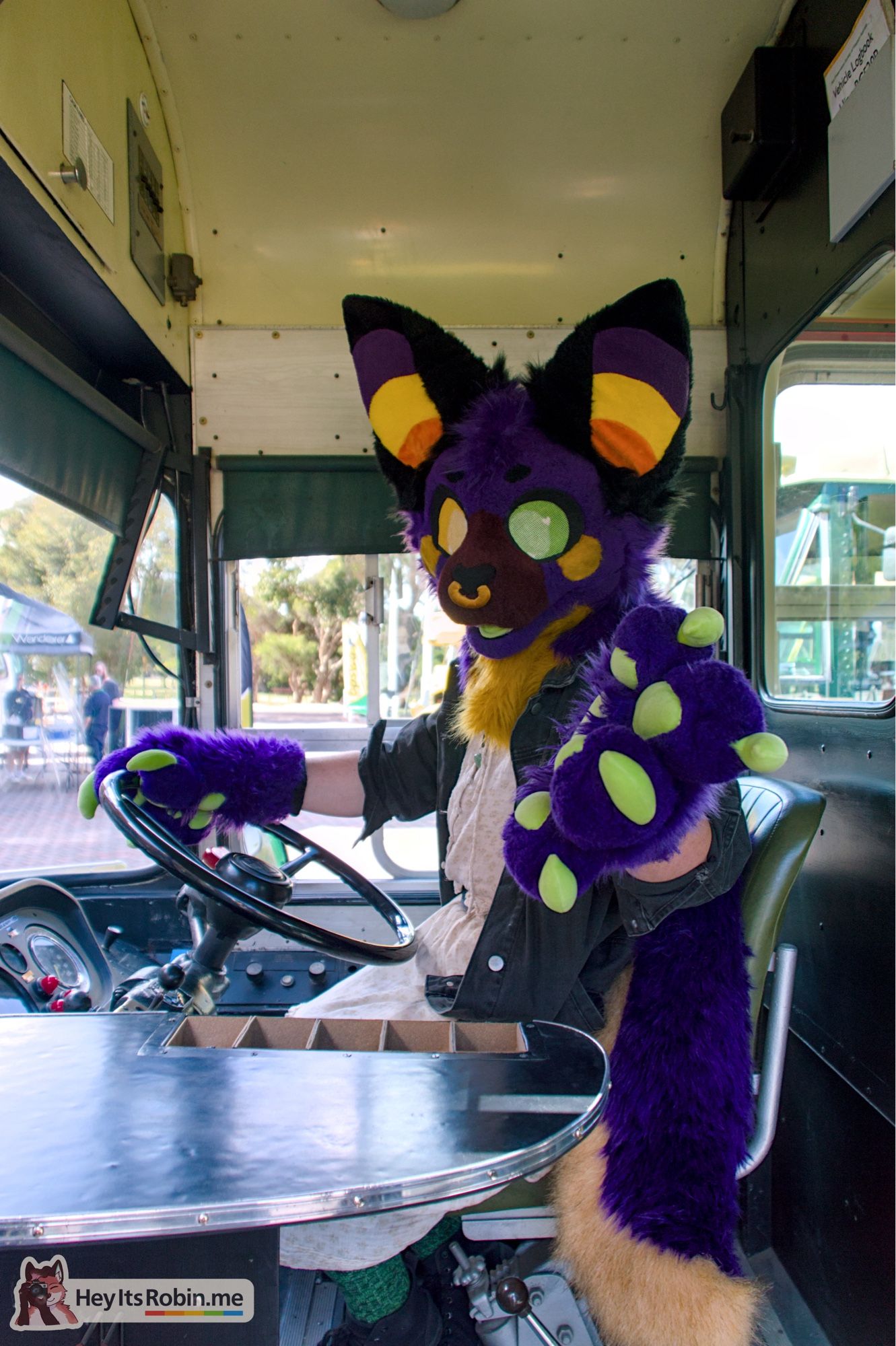 Styx, a purple batdog partial fursuit, sits in the driver's seat of a vintage bus, looking towards the camera with paw outstretched to receive the next passenger's ticket.