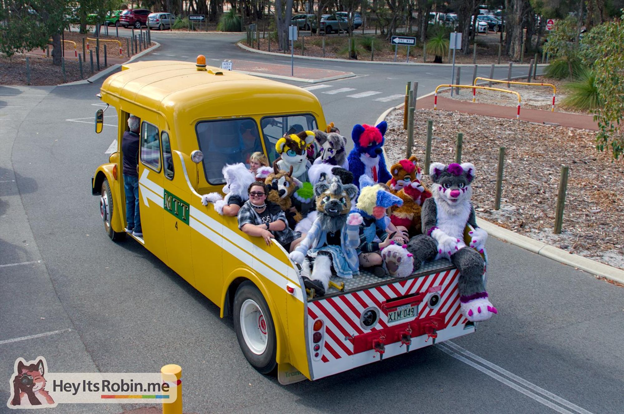 A group of fursuiters sits on the tray bed of a vintage half-cab bus configured as a towing vehicle. The bus is pulling away from the camera and the fursuiters are all looking back.