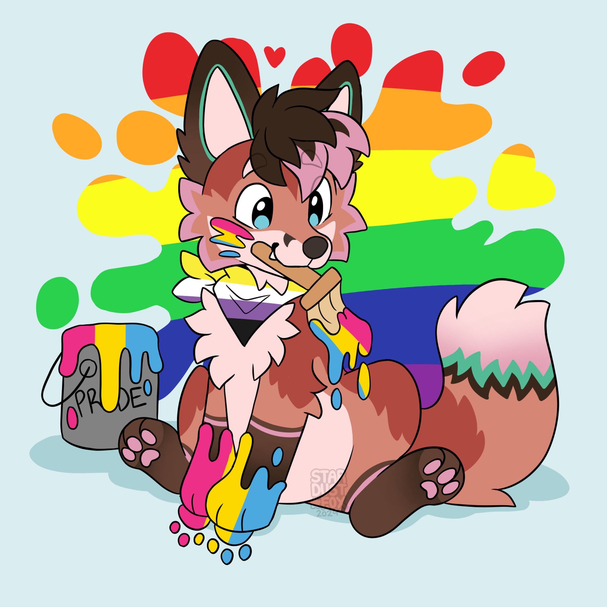 Robin, my fox character in a Tony feral style, sits on the floor with a paintbrush in their muzzle. The brush, their paws, their cheek, and a tin of paint to the left of them have the pan pride colours; a bandana around their neck has NB pride colours; and a big splash of paint in the background has the classic rainbow pride colours.