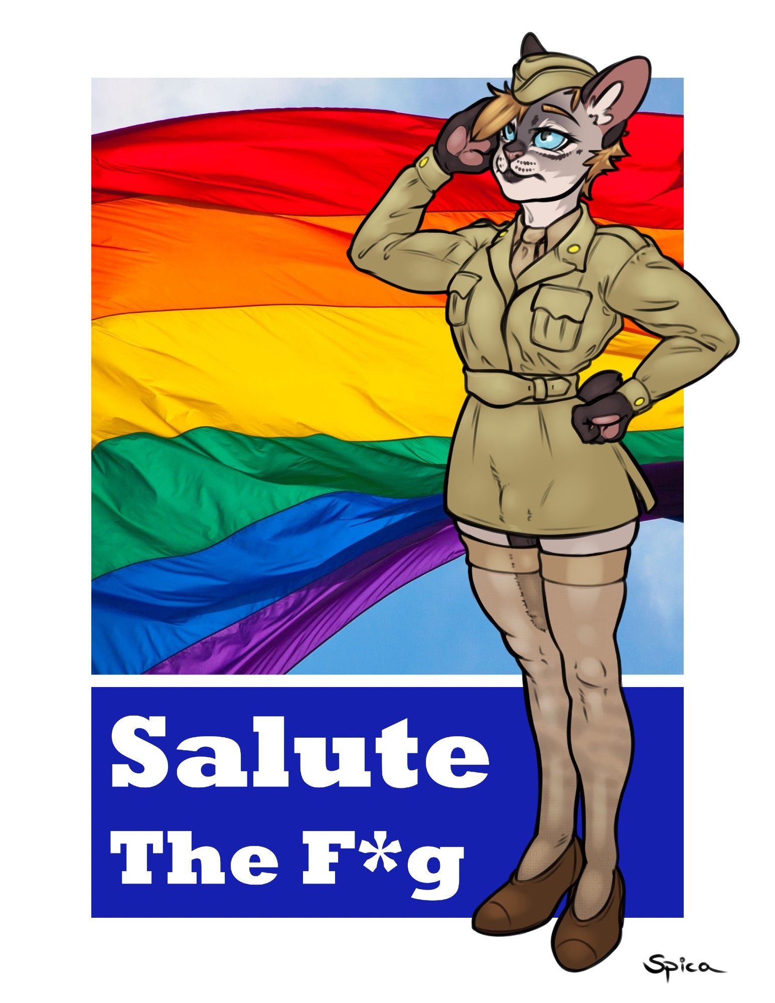 Siamese cat-boy in a WW2 era Women's Army Corps uniform with a non-regulation length skirt.  His lengthy schlong is tucked into his nylon stockings.  He is saluting and there is a pride flag waving in the background.