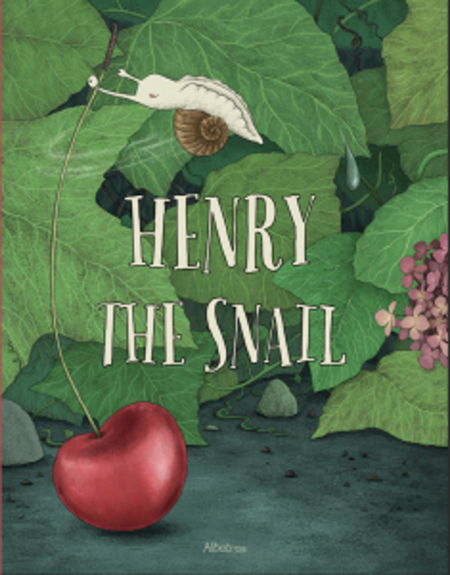 Henry the Snailcover shows snail on a large green leaf with a cherry sitting in foreground