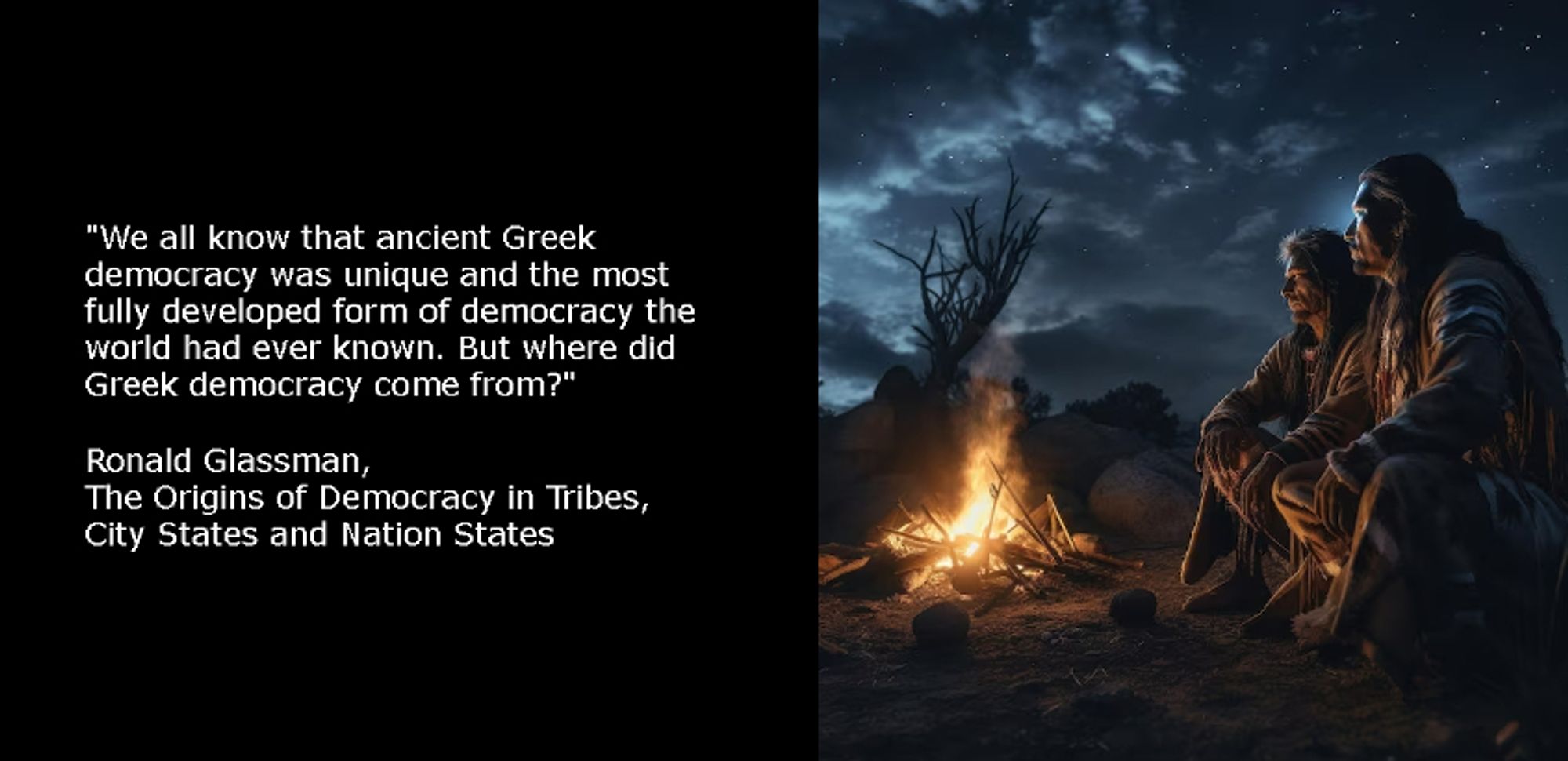 "We all know that ancient Greek democracy was unique and the most fully developed form of democracy the world had ever known. But where did Greek democracy come from?" - Ronald Glassman, The Origins of Democracy in Tribes, City States and Nation States

Two people sitting next to a campfire depicted.