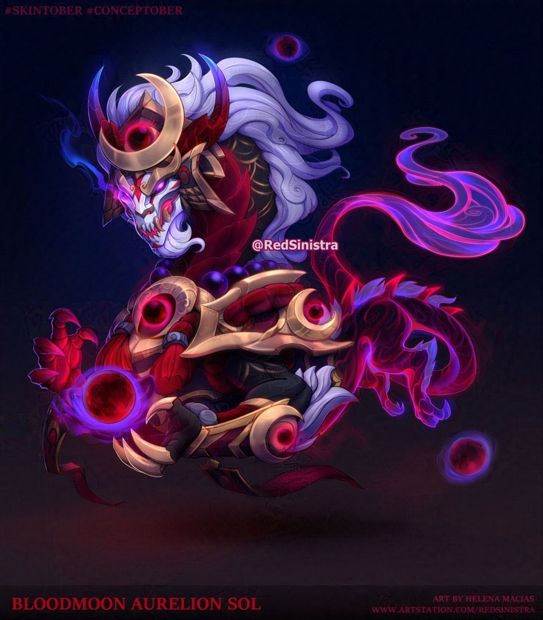 Fan skin for Aurelion Sol from League of Legends, with Bloodmoon theme. He wears old golden armor and a kabuto with a giannt moon as a crest. Somewhat of a kabuki makeup meshed with a dragon mask. Has three dark moons in orbit around him.