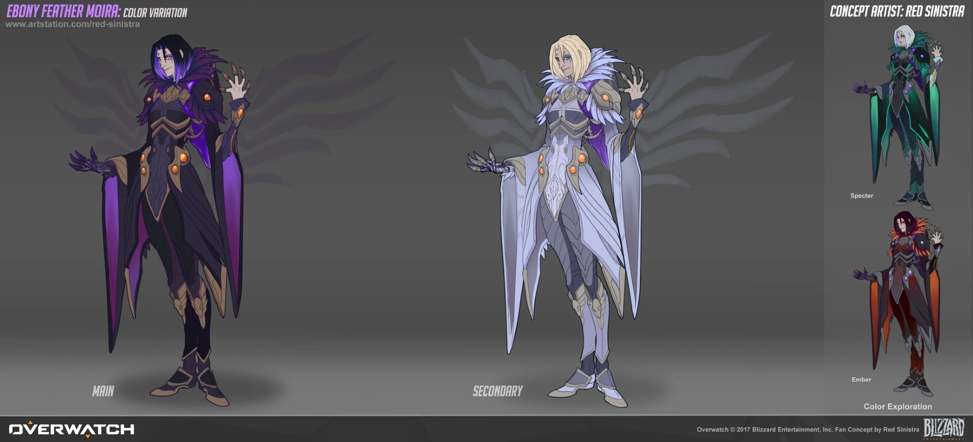 Color variations for Ebony Feather Moira (fan skin), from Overwatch