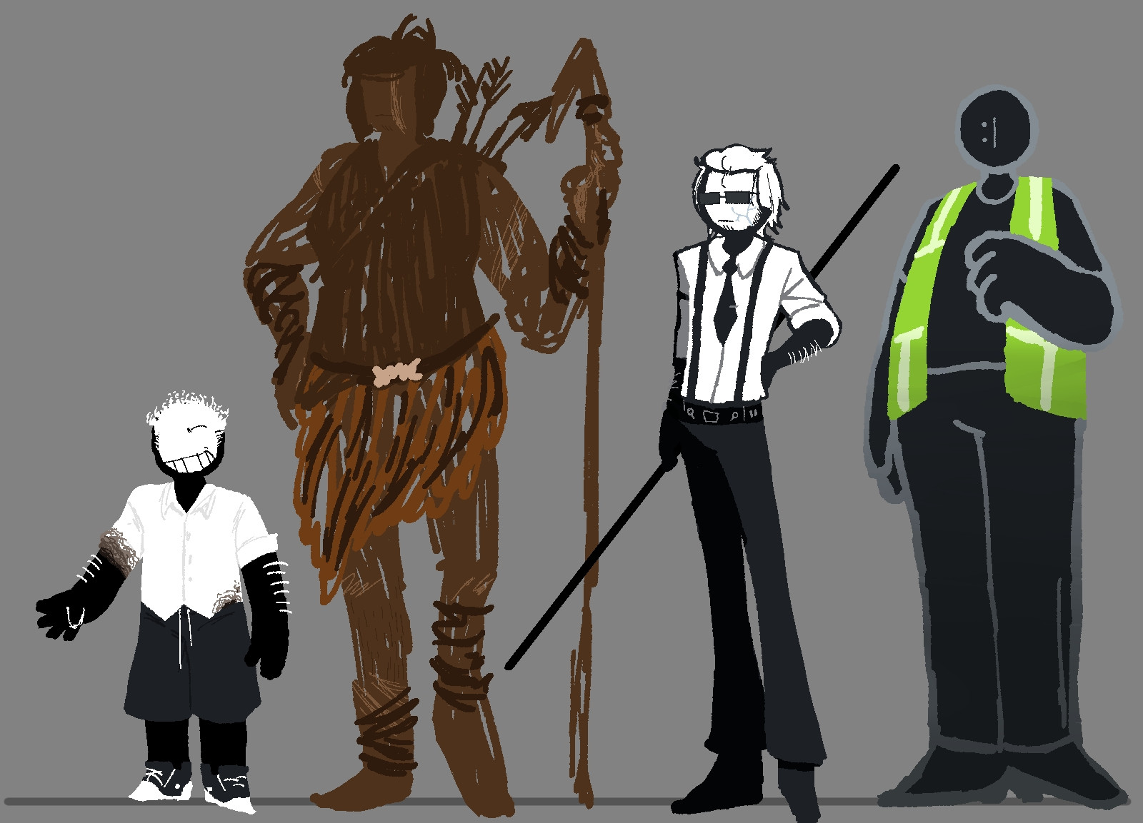 Reference sheet of the stick figures from Alan Becker animations; from left to right, Ballista, Primal, Agent, Hazard.