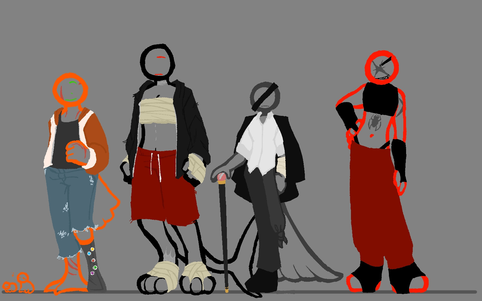 Reference sheet of the stick figures from Alan Becker animations; from left to right, Orange, The Chosen One, victim, and The Dark Lord.