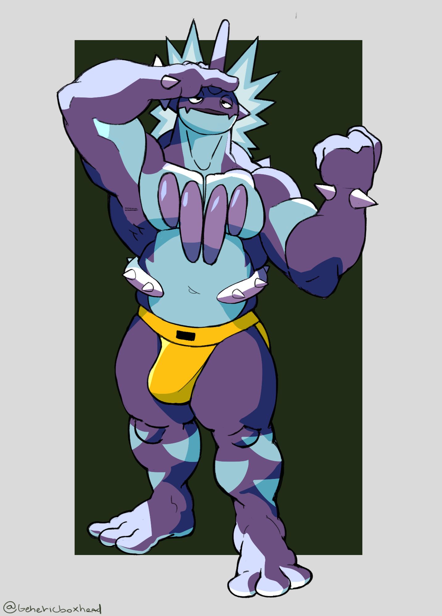 The pokemon toxtricity with a thick muscular build in yellow jockstraps in some high contrast light and shadows