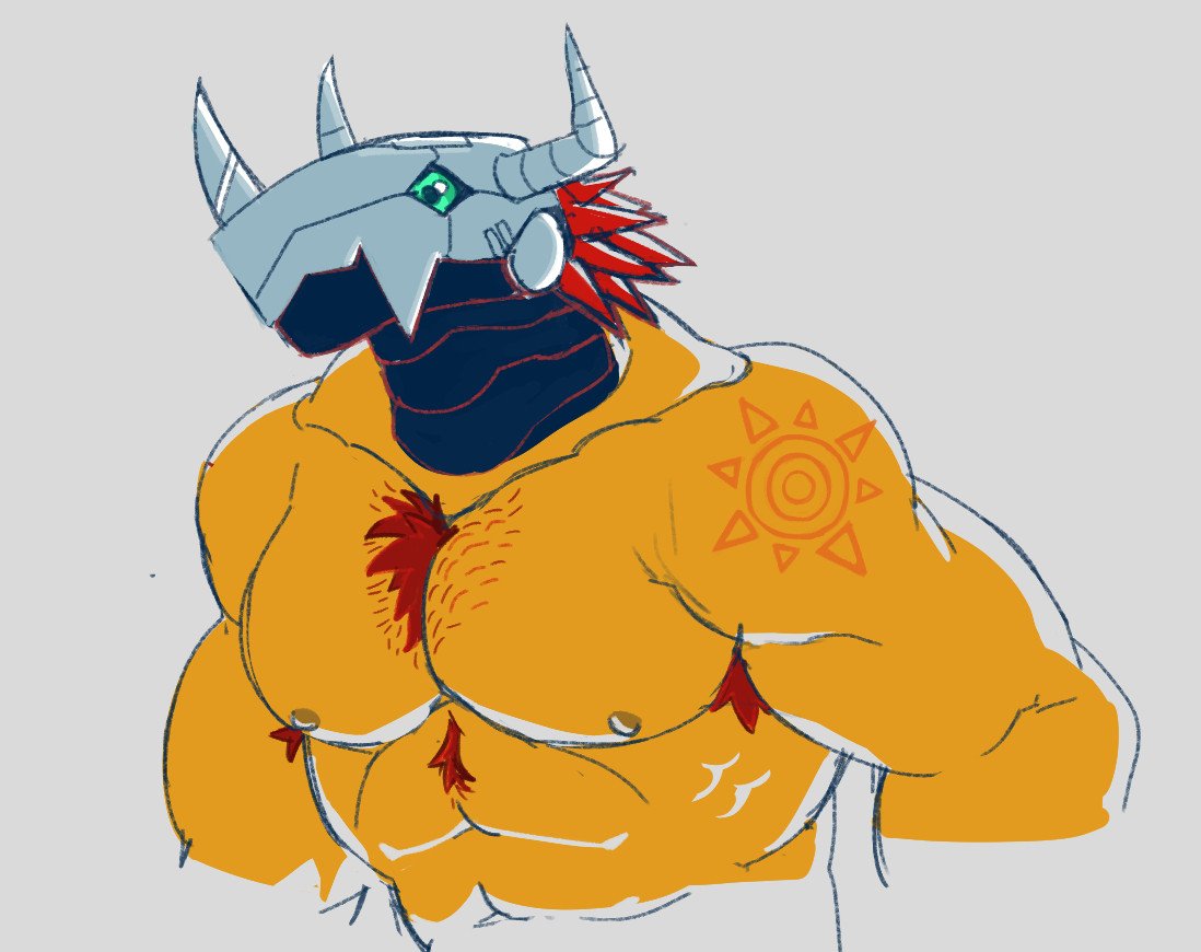 Wargreymon from Digimon shirtless and with a crest of courage tattoo