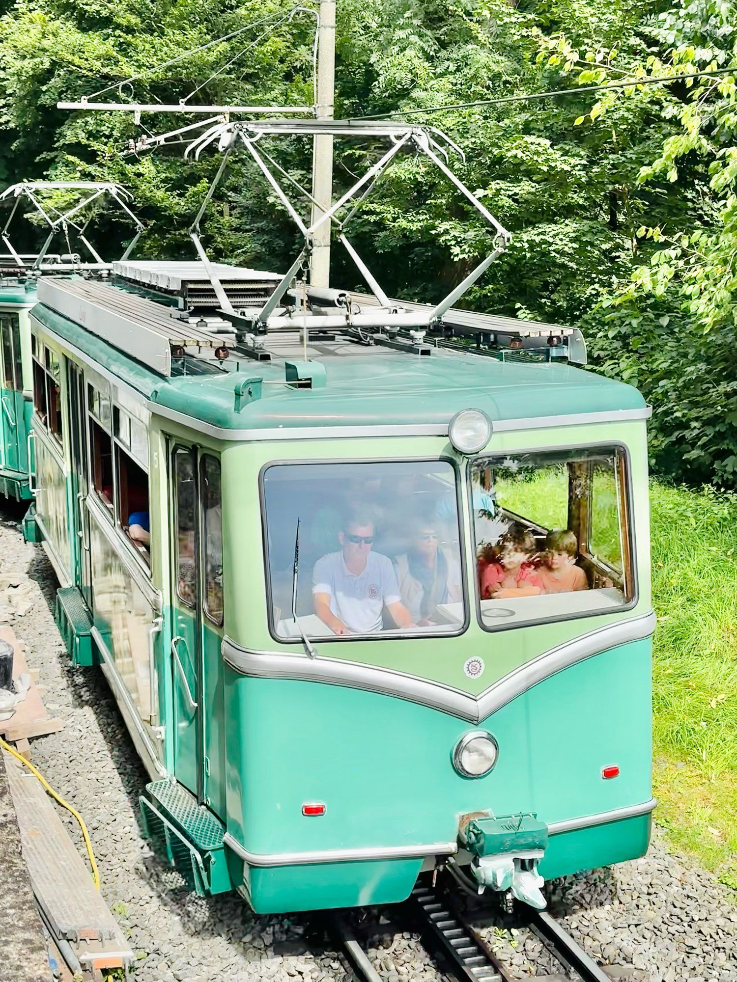 Die grüne Drachenfelsbahn mit zwei Waggons auf ihrer Bergfahrt von schräg vorne fotografiert.
Zu sehen sind Fahrgäste und der Fahrer der Bahn.