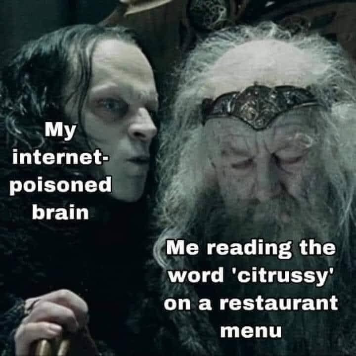 A Lord of The Rings movie scene with Wormtongue whispering in the ear of the King of Rohan.
Wormtongue has text over him: My internet-poisoned brain.
The King has text over him: Me reading the word "citrussy" on a restaurant menu.