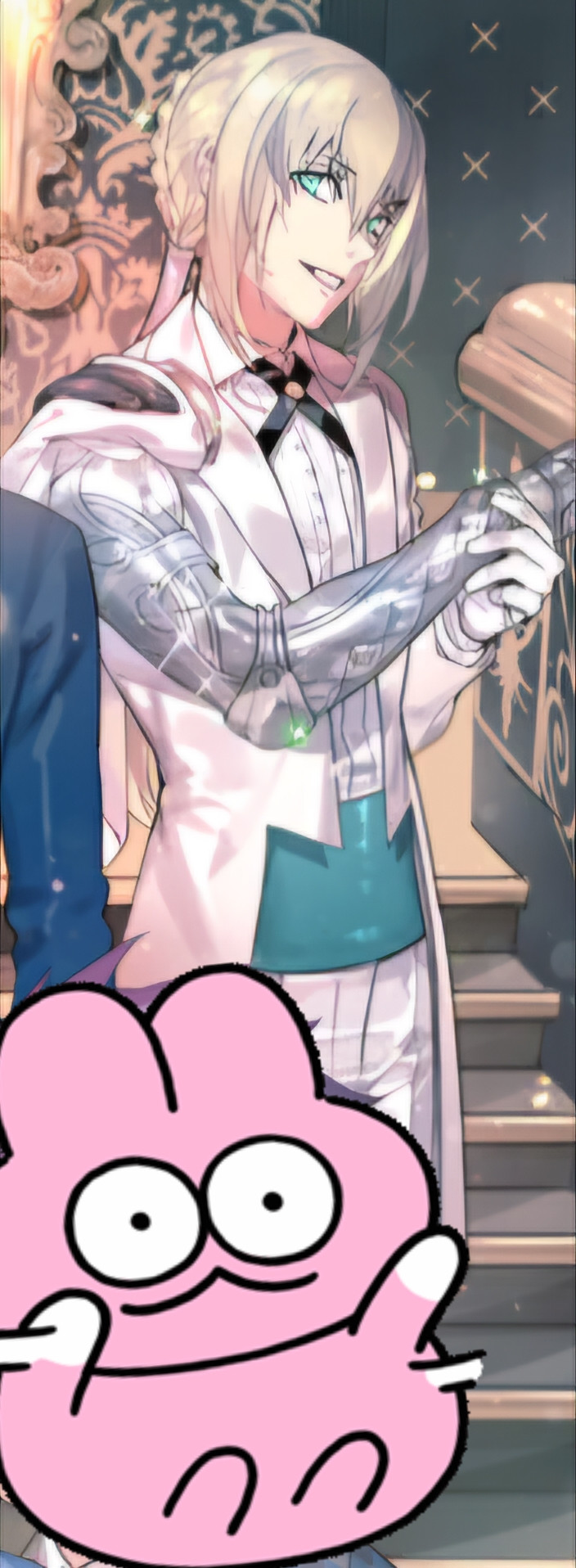 Cropped version of a knights of the round table focused craft essence from the game Fate:Grand Order that is focused entirely on the character of Bedivere in a white tuxedo and green-blue cummerbund that matches his eyes. A sticker of a pink rabbit covers the lower portion of the image.