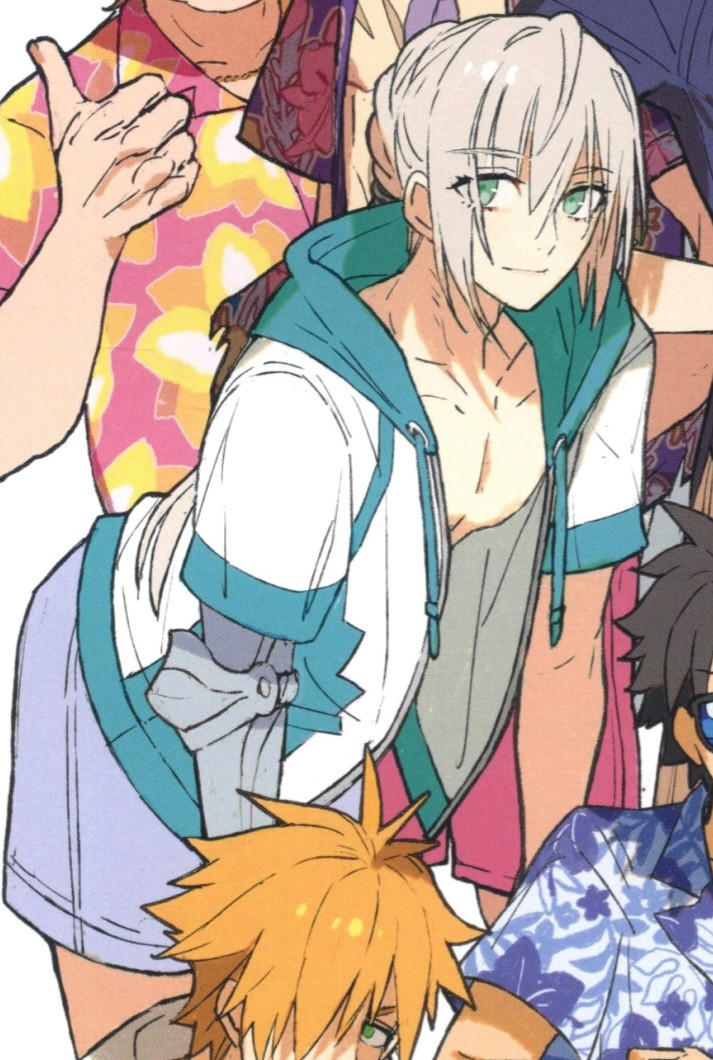 Cropped art celebrating one of the FGO summet events, focused entirely on Bedivere in his swimsuit attire. He wears blue trunks and a white and green-blue short sleeve hoodie. He is leaned forward in a way that sticks his ass out and shows his chest under the hoodie. 