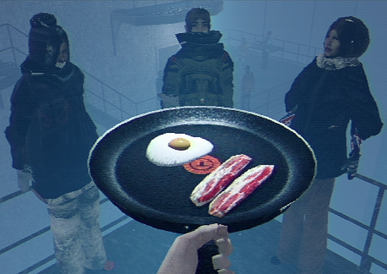 Arctic Eggs screenshot showing an egg and bacon being cooked in a pan for a group of people