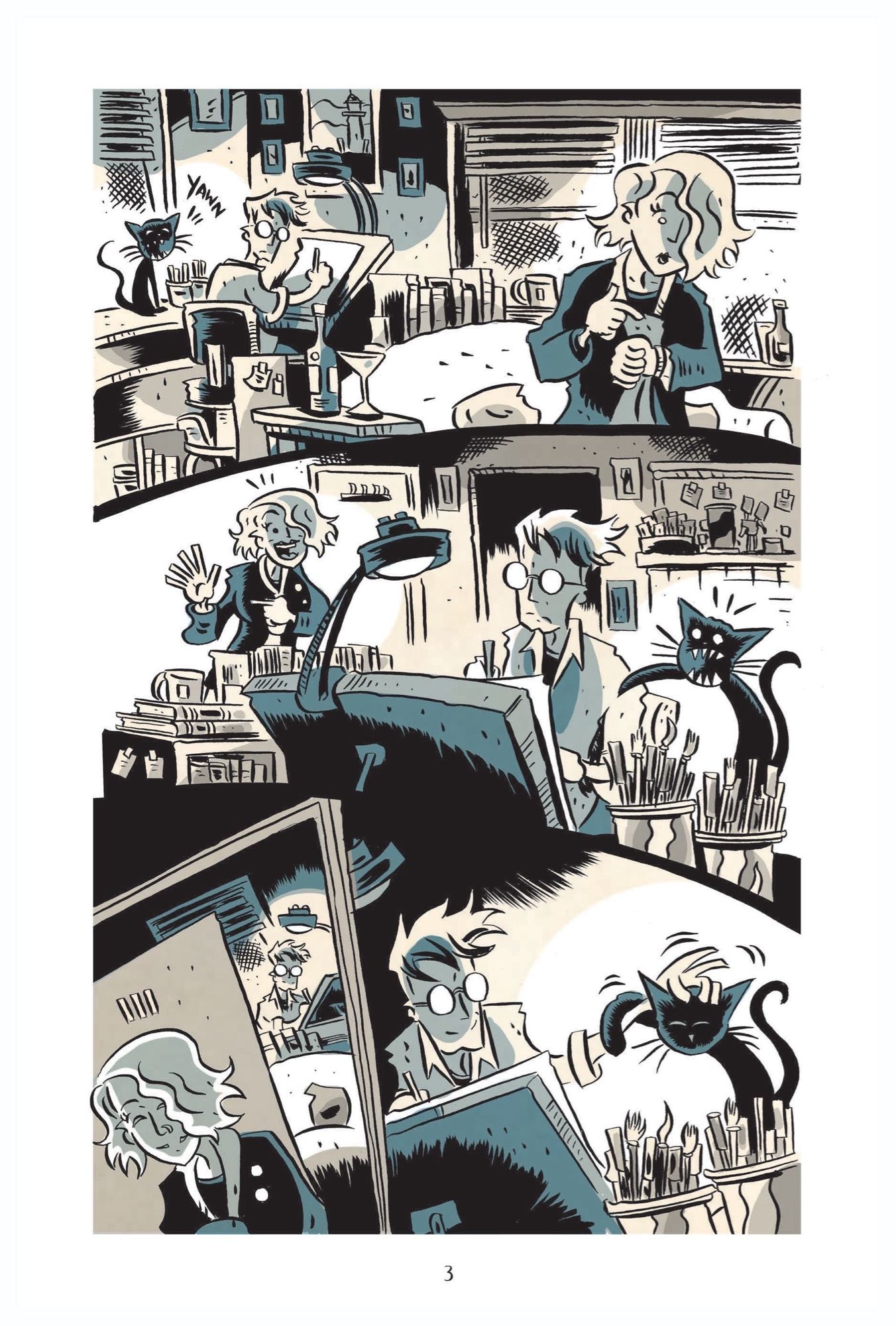 A comic page: A woman tells a man sitting at a drawing table to meet her outside in five minutes as a black cat demands attention. The man pets the cat.