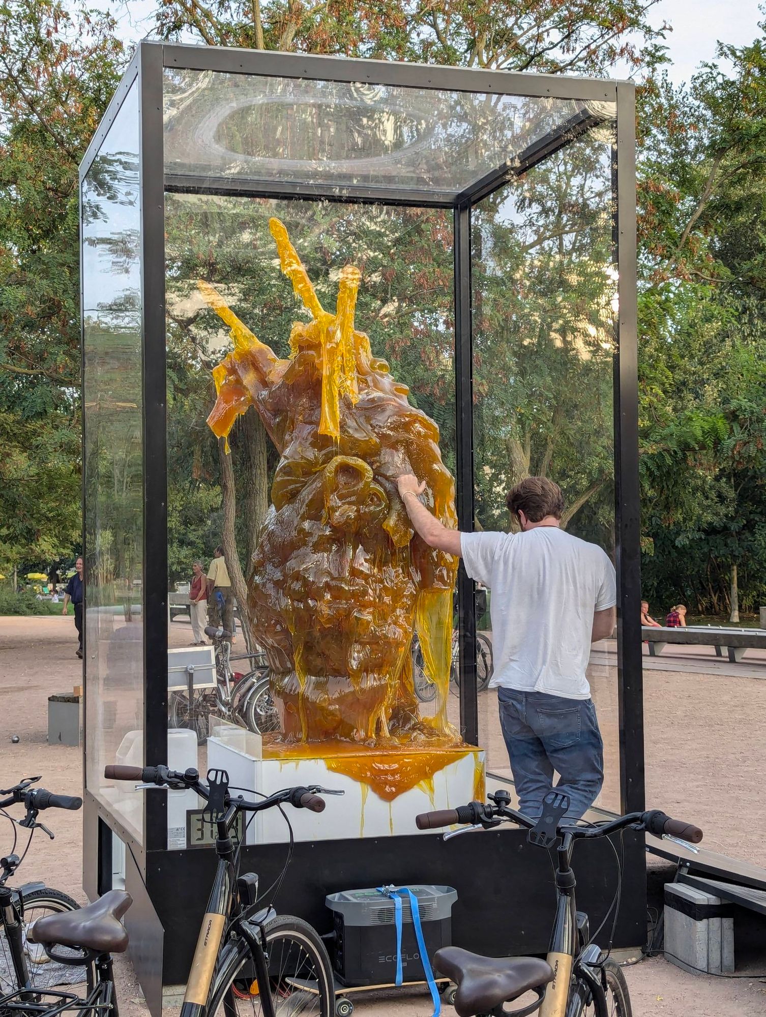 Eine Skulptur aus Zucker in Form eines menschlichen Herzens in einem Kasten mit Plexiglas umgeben. Die Skulptur ist teilweise geschmolzen durch die Hitze. 
Der Künstler, der das Herz erschaffen hat, ist gerade im Kasten und fotografiert von nahem den geschmolzenen Zucker. 
Im Vordergrund sieht man ein paar Fahrräder, welche einen Generator antreiben, der die Skulptur kühlen soll.