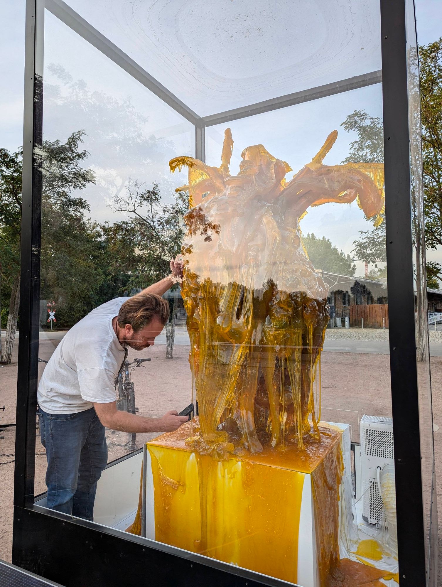 Eine Skulptur aus Zucker in Form eines menschlichen Herzens in einem Kasten mit Plexiglas umgeben. Die Skulptur ist teilweise geschmolzen durch die Hitze.