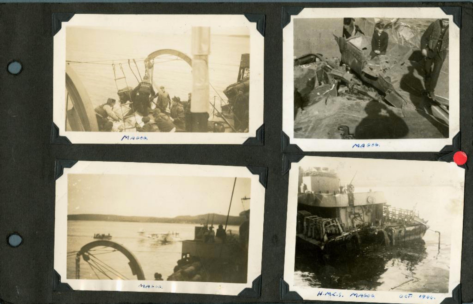 Page from photograph album with four black and white photographs. Top left: sailor in stretcher being lowered over the side of a ship in a boat, with curved davits visible. Several sailors wearing dark life jackets have their backs to the camera Bottom left: view from a ship of a white Canso flying boat on the water, with a small boat approaching it on the left. Top right: view of damaged and torn deck plates on a ship, with sailors in dark uniforms visible at centre and on the right. Bottom right: view of the stern of HMCS Magog, damaged by an explosion. Racks to hold depth charges are visible on either side of the ship. Part of the ship's superstructure is visible in the centre.