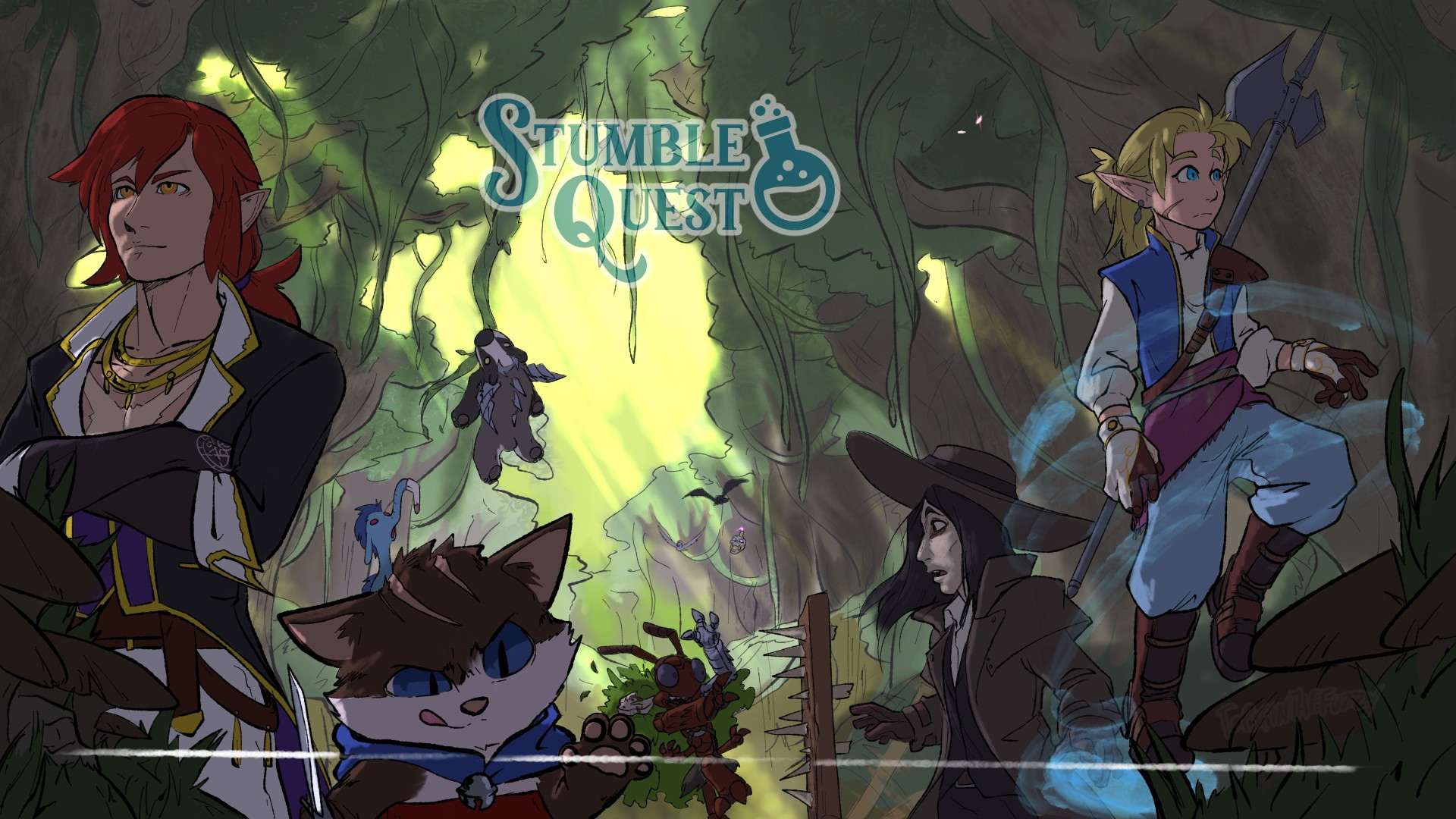 ALT TEXT:
Banner art by TopSpinTheFuzzy

The party stands dramatically in a sunlit-spattered forest. The party in the foreground (Art, Will, Brix) are serious and facing camera. Brix looks like she's about to touch a trip wire. In the background, Oswalt and Knack deal with some traps, while Honey and Socks play in the trees.