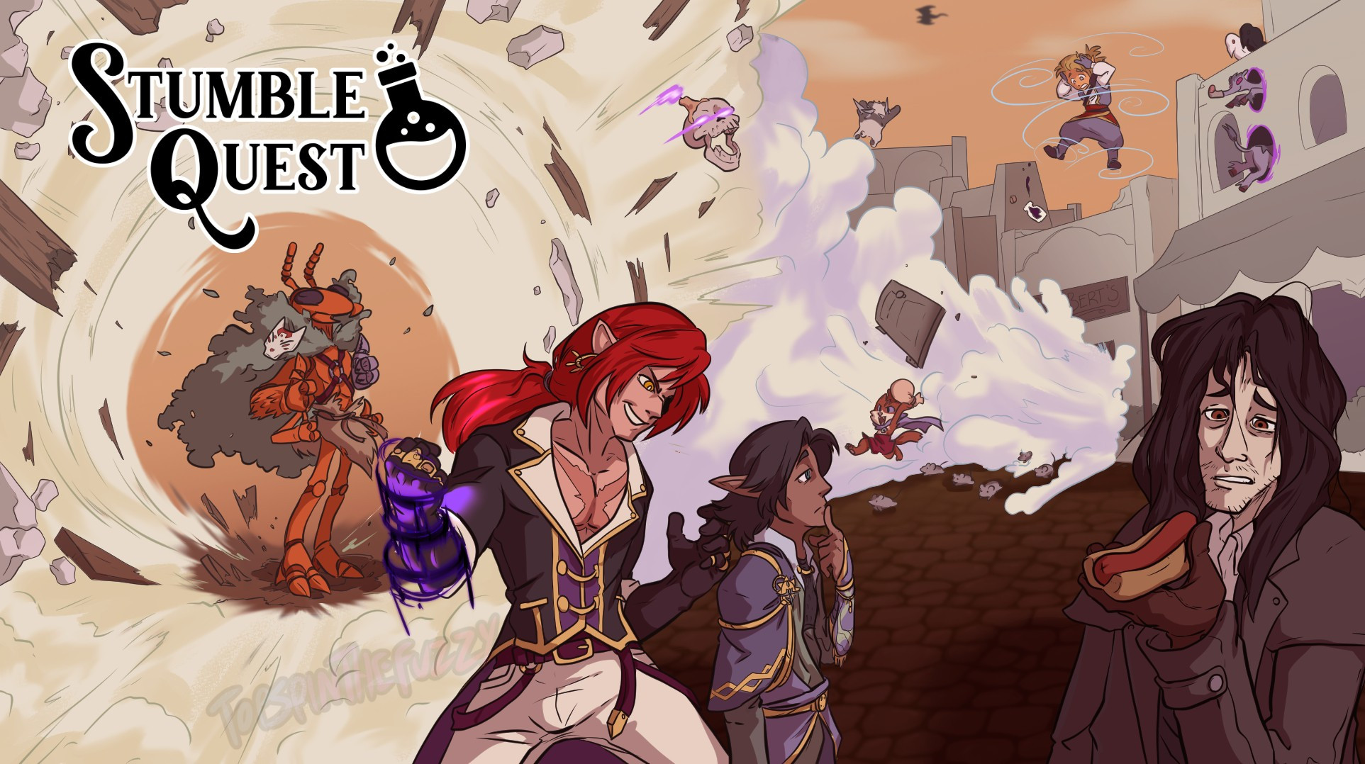 Banner art by TopSpinTheFuzzy

The party stands in various places in frame in what looks like the aftermath of an explosion. Knack is surrounded by a smoke cloud with wood and debris, looking proud. Will and Larian are front and center frame, with Larian looking clueless, and Will about to Eldritch Punch him. Wick's head flies out of the explosion above them. Oswalt is in the screen right foreground, giving a concerned look to a hotdog. Brix is stealing something in the background, as Art watches from a midair cyclone above. Socks sticks out of two portals on a building next to Art, while Will's ravens watch from above.