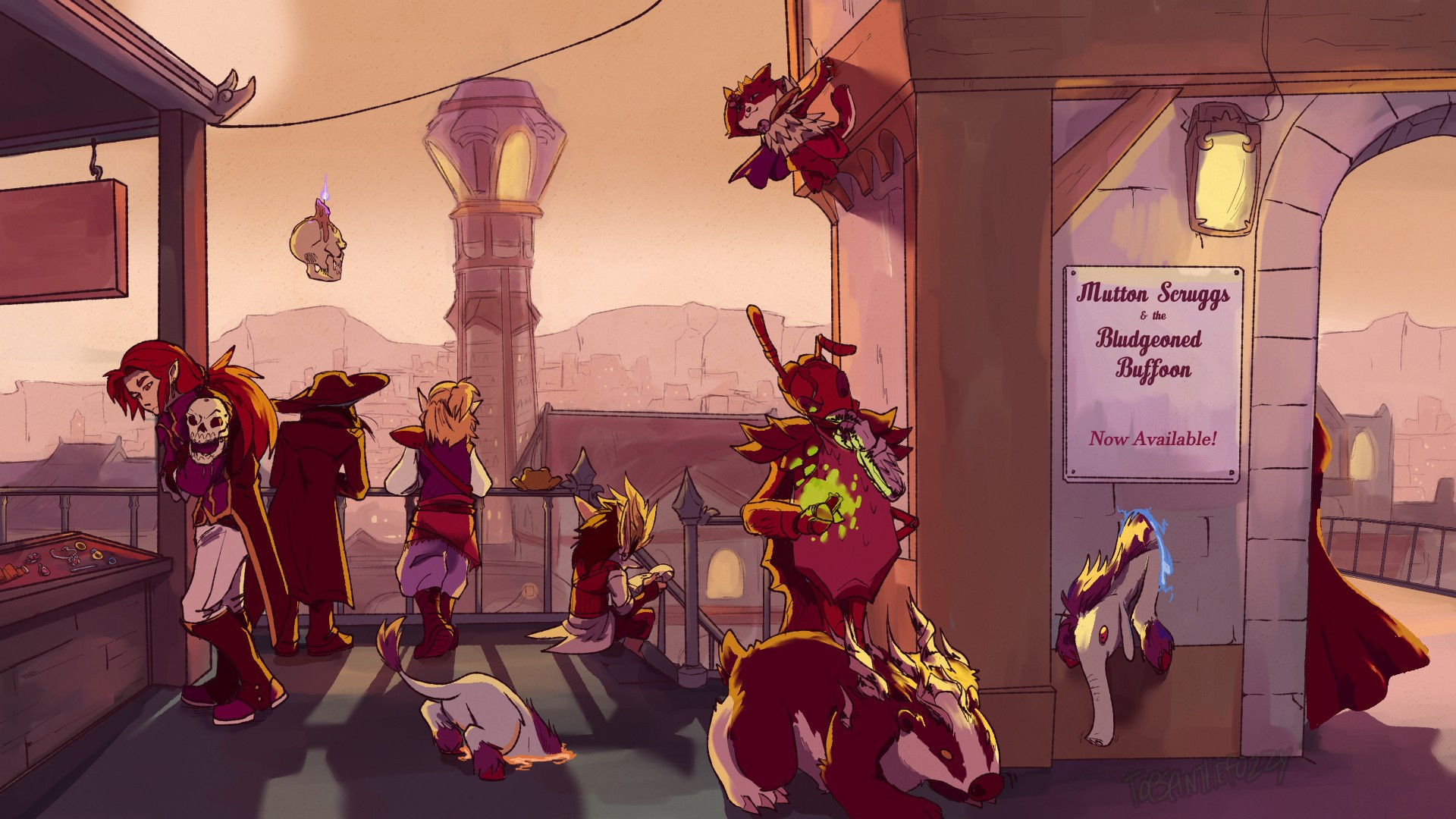 Banner art by TopSpinTheFuzzy

The party stands, looking out over the city of Yonstrom. The city itself is built into the sides of a cliff face. Will is shadily looking at some merchant wares, while Knack casts a spell towards camera, Honey at his side. Brix has scaled a building and is looking out from above. Socks is peeking through some portals! There is a 'new release' poster for "Mutton Scruggs and the Bludgeoned Buffoon -- Now Available!". There is an ominous cloaked figure next to the party, just out of sight...