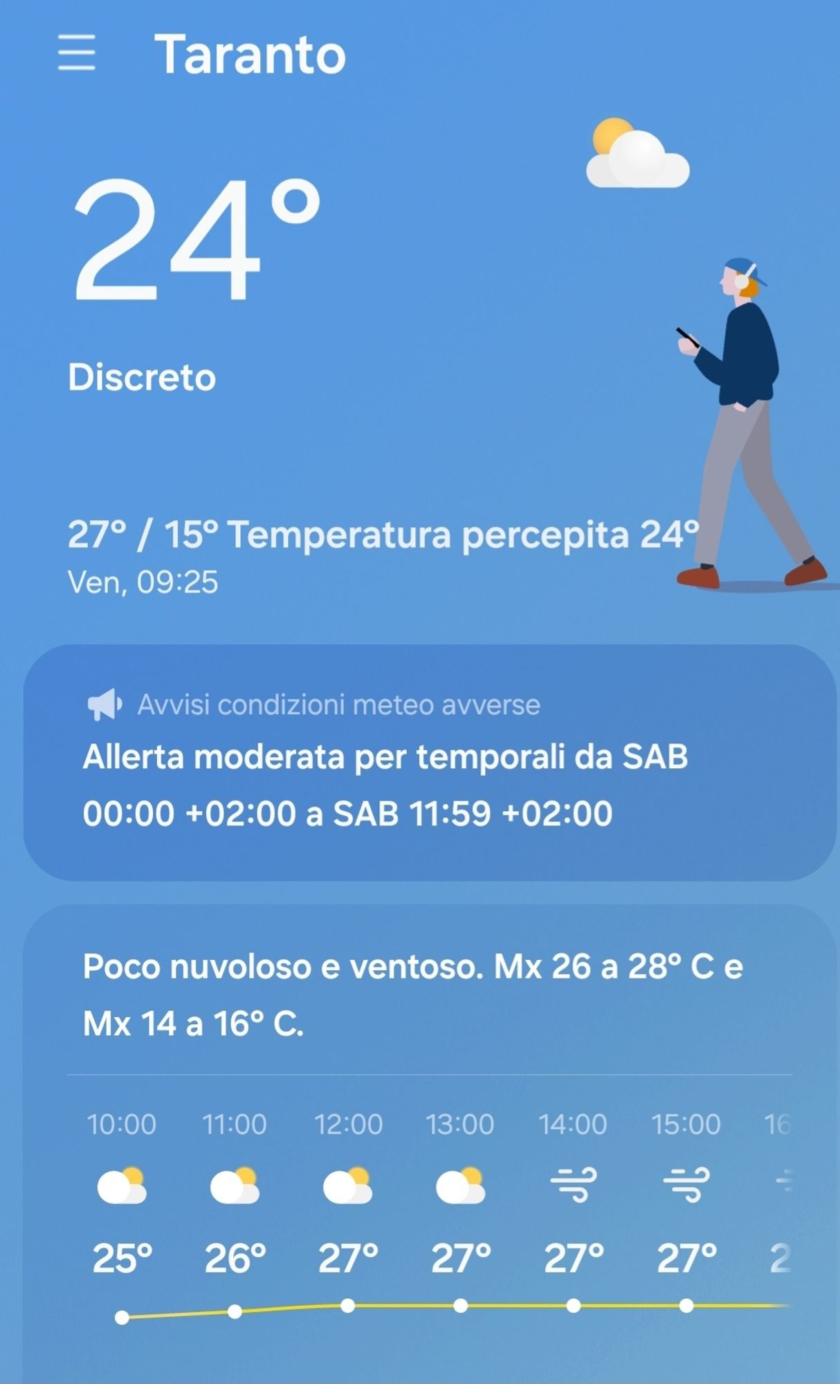 Uno screenshot del meteo

24 gradi

Previsti 27 alle 14