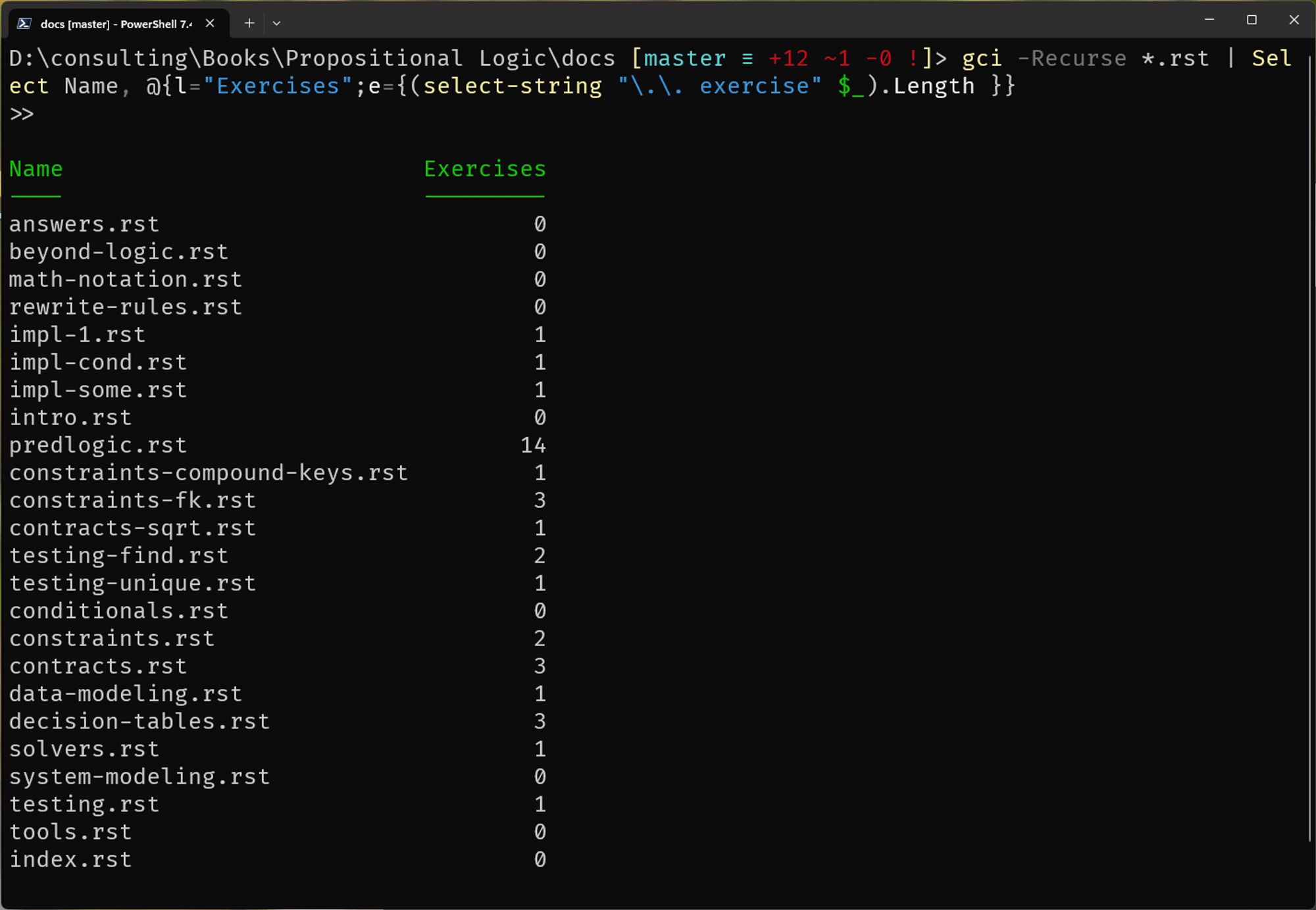 A demo of the snippet on a folder (with regex `\.\. exercise`), showing it finds the number of matches in each file