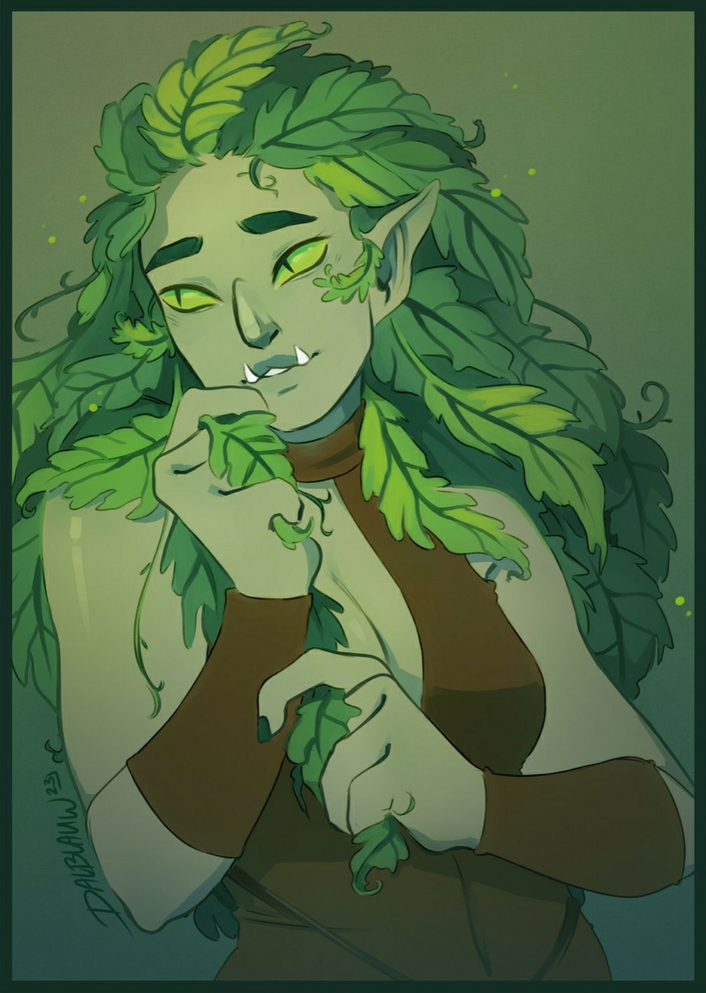 Halfbody drawing of an half-orc with leafy hair