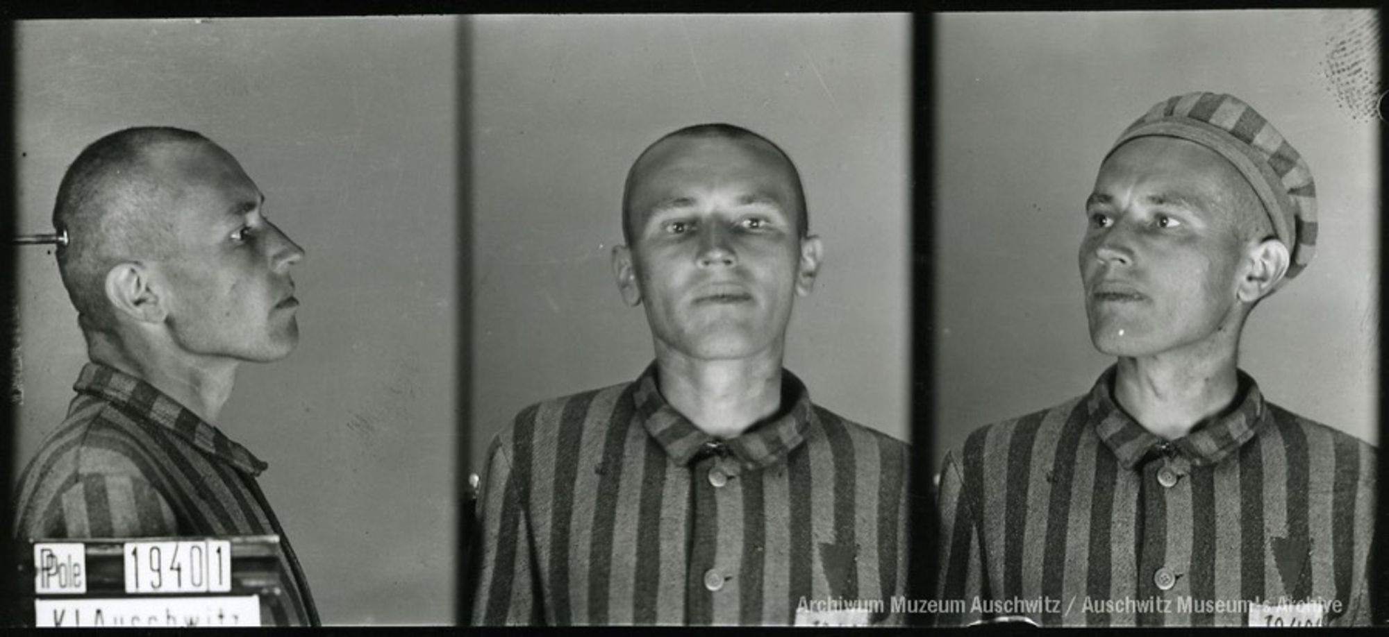 A mugshot registration photograph from Auschwitz. A man with a shaved head wearing a striped uniform photographed in three positions (profile and front with bare head and a photo with a slightly turned head with a hat on). The prisoner number is visible on a marking board on the left.