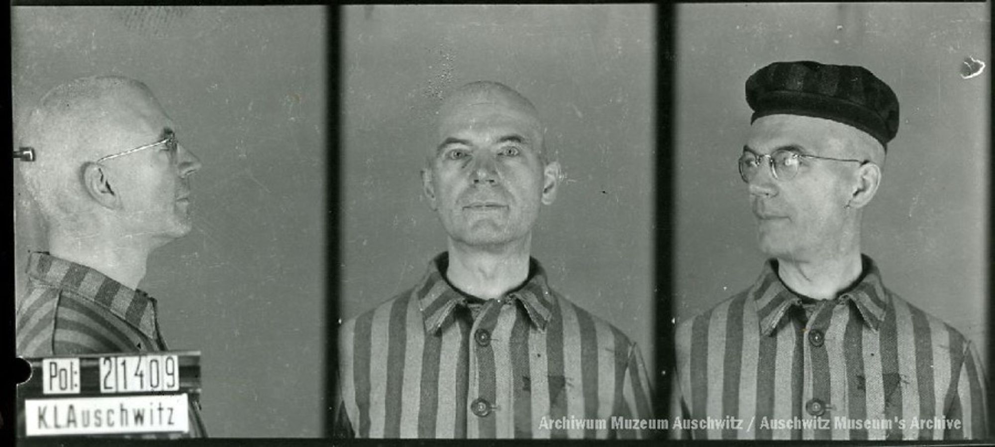 A mugshot registration photograph from Auschwitz. A man with a shaved head wearing a striped uniform photographed in three positions (profile and front with bare head and a photo with a slightly turned head with a hat on). The prisoner number is visible on a marking board on the left.