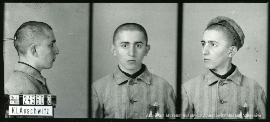 A mugshot registration photograph from Auschwitz. A man with a shaved head wearing a striped uniform photographed in three positions (profile and front with bare head and a photo with a slightly turned head with a hat on). The prisoner number is visible on a marking board on the left.